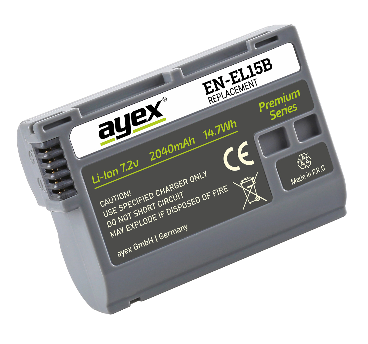 Graue Kamera-Batterie mit weißem Text und Grafiken. Enthält Warnungen und Spezifikationen. Die Batterie ist rechteckig.