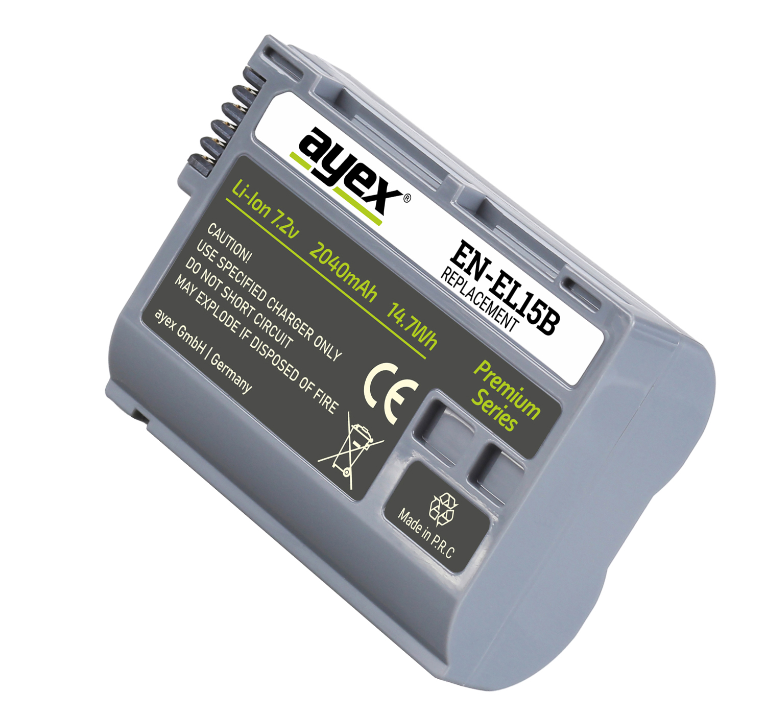 Graue ayex Batterie, EN-EL15B Ersatz. Weißes Etikett mit Text und CE-Zeichen. Schräge Ansicht.