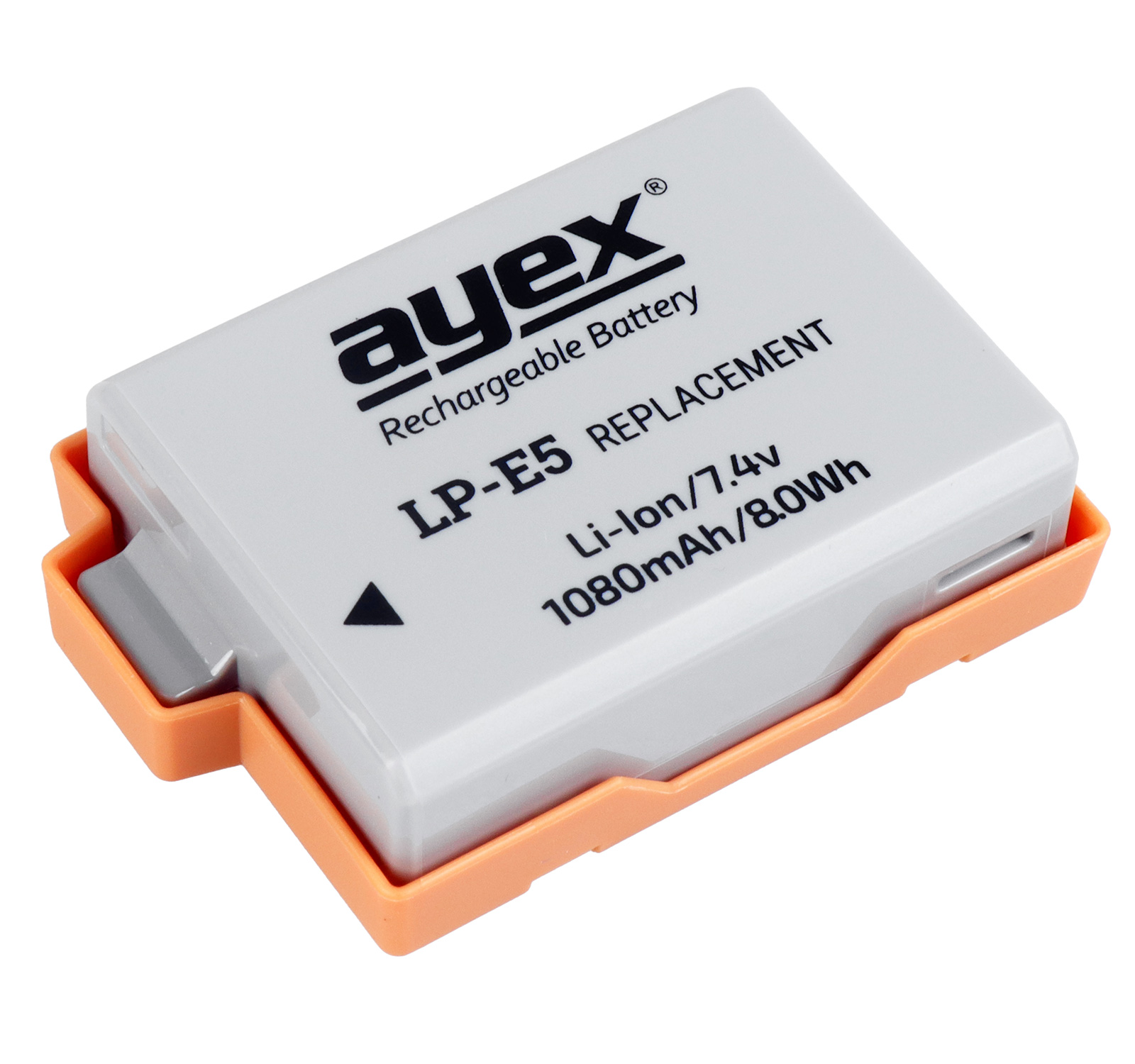 Eine graue rechteckige Batterie in einem orangefarbenen Halter, beschriftet mit 'ayex'.