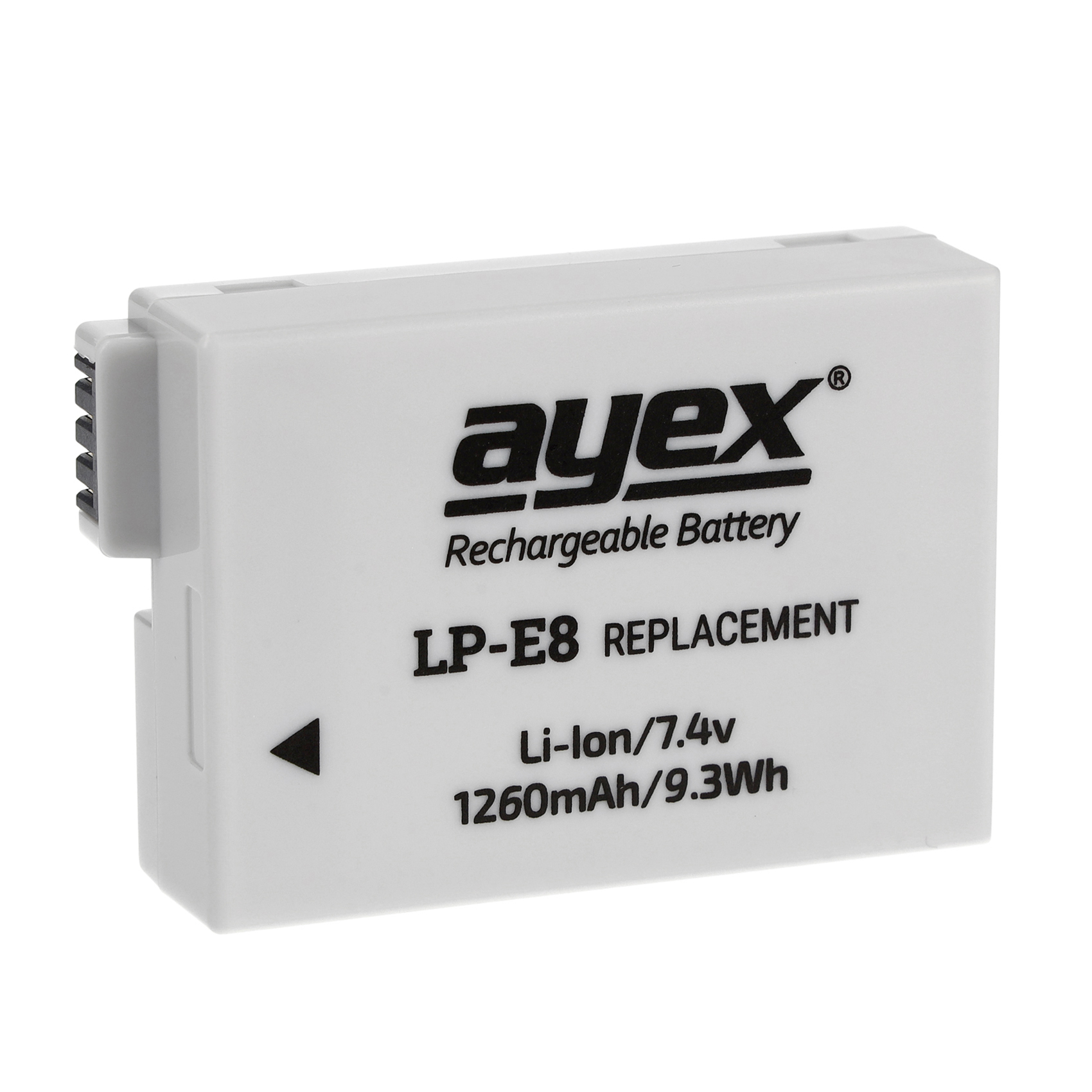 Weiße, wiederaufladbare ayex-Batterie, LP-E8-Ersatz, mit Text und Symbolen.