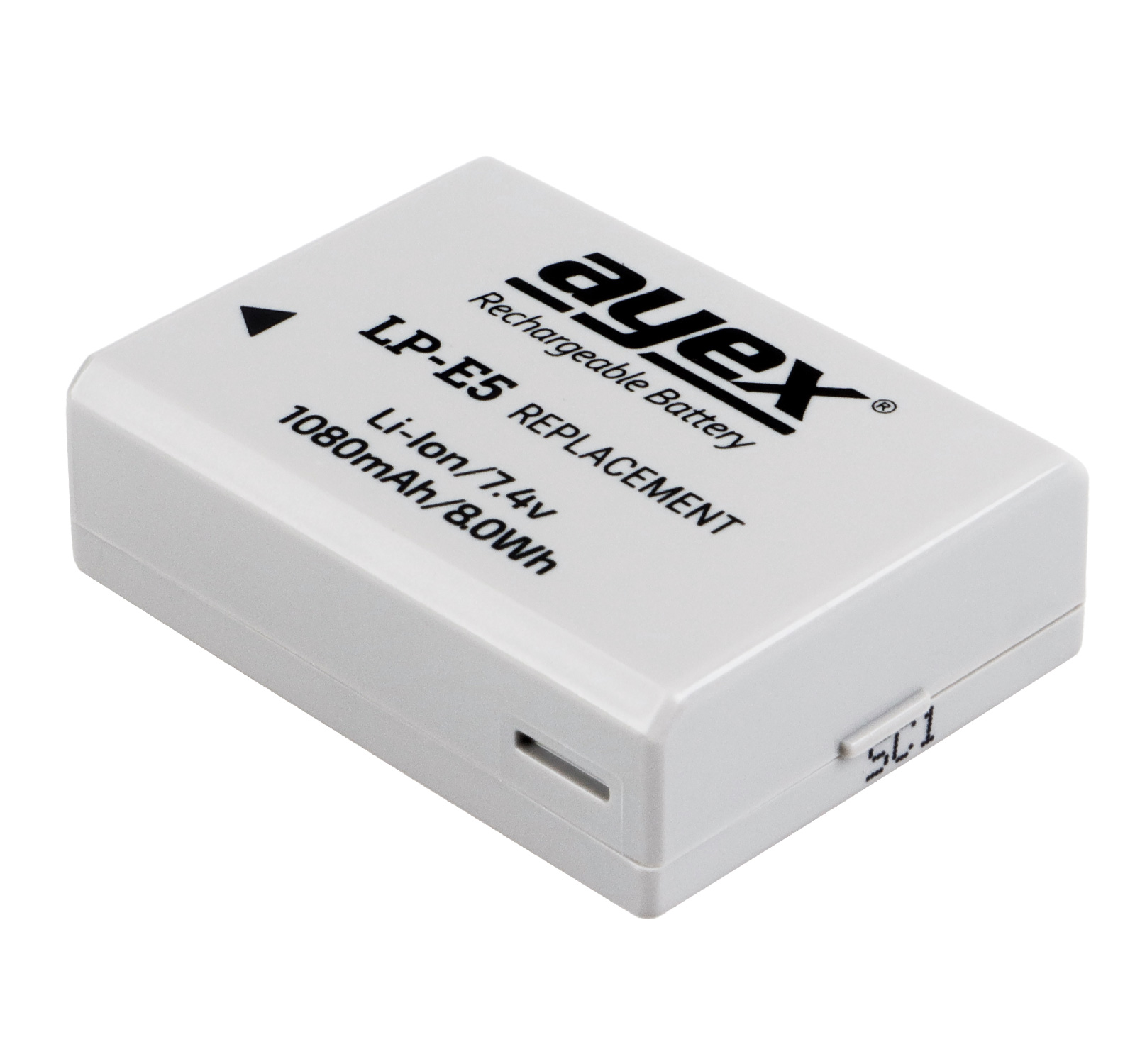Ein weißer, wiederaufladbarer Akku ayex LP-E5 für Kameras, mit Text und einem schwarzen Dreieck.