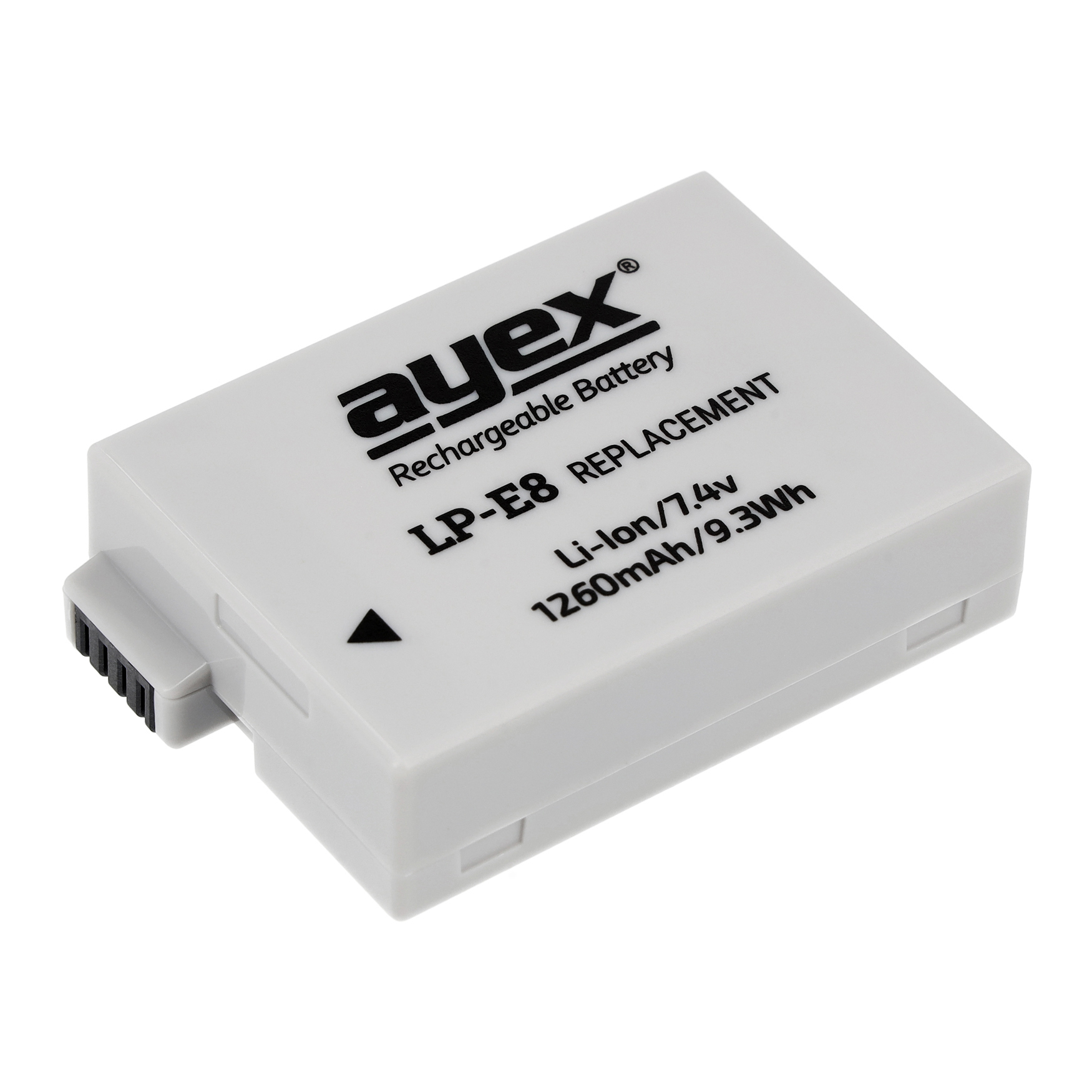 Ein weißer rechteckiger Akku mit der Aufschrift 'ayex Rechargeable Battery LP-E8 REPLACEMENT'.