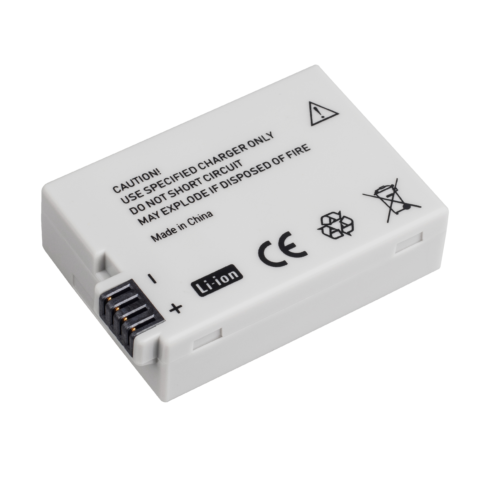 Weiße Li-Ionen-Batterie mit Warnhinweis, Plus- und Minuspolen, auf Weiß.