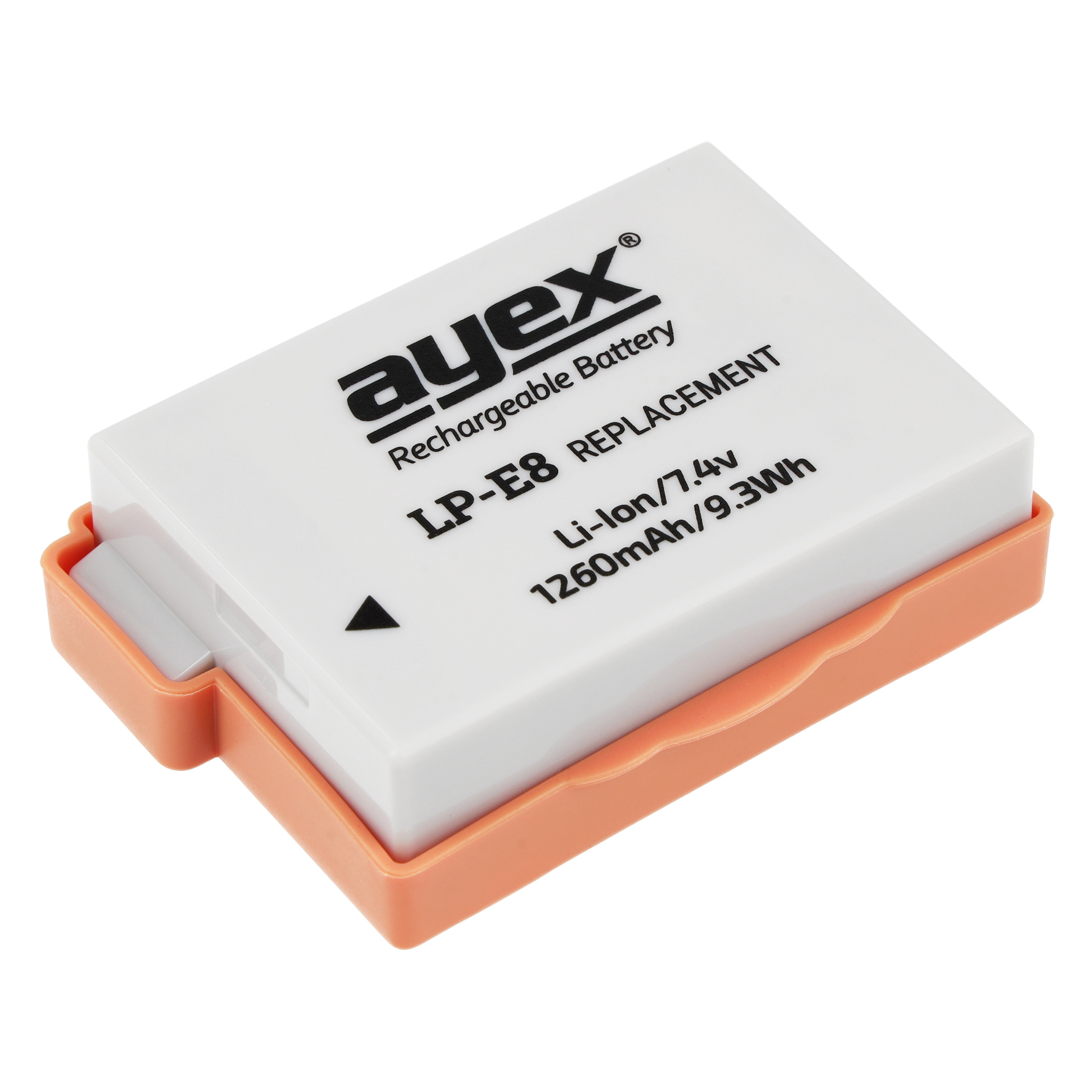Weiße und orangefarbene Kamera-Batterie. Sie trägt die Aufschrift 'ayex' und 'LP-E8 REPLACEMENT'.
