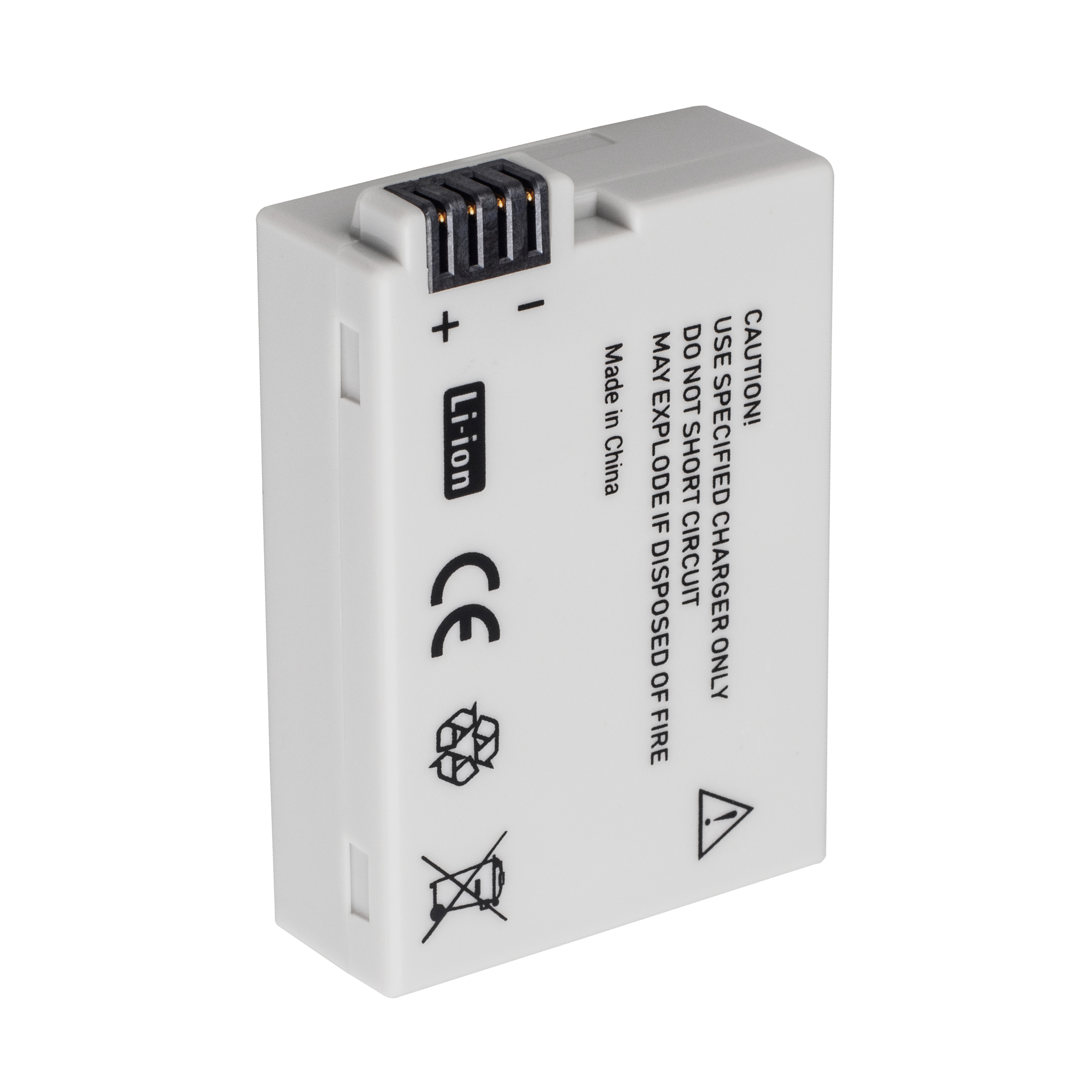 Weiße Kamera-Batterie mit Text und Symbolen, darunter: Vorsicht, Li-ion und CE.