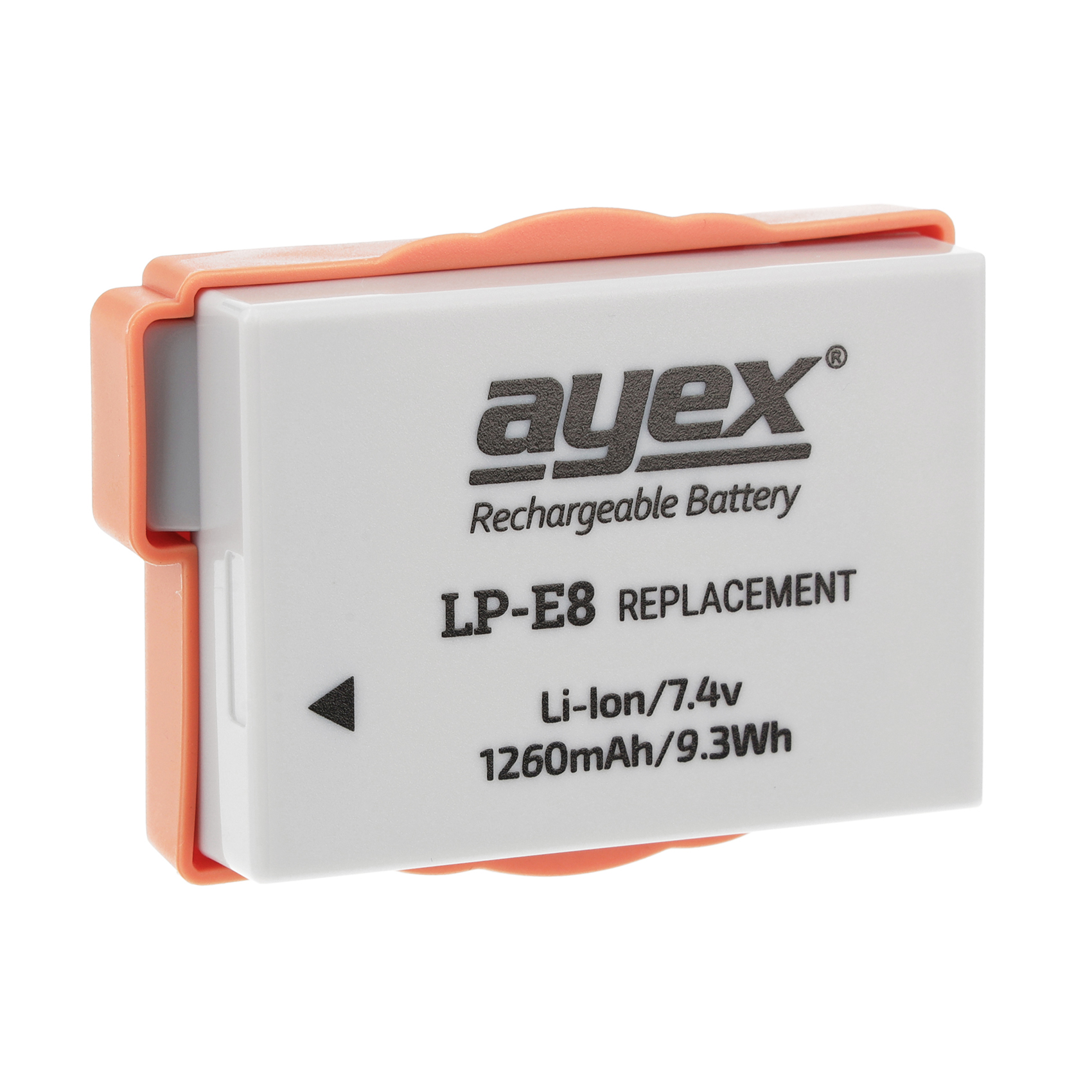 Eine weiße und orangefarbene Akku mit Text: 'ayex' und 'LP-E8'.