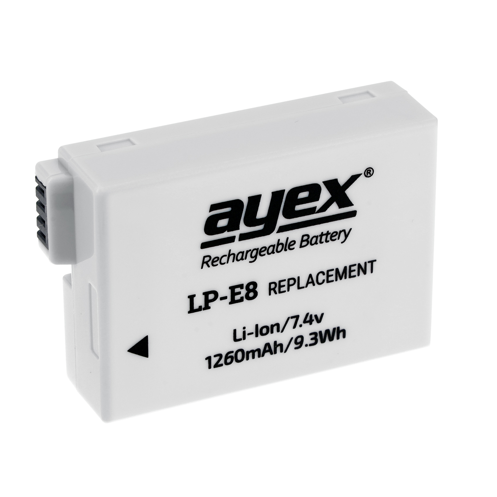 Weiße Ayex-Batterie, schwarzer Text und Pfeil auf weißem Hintergrund. LP-E8 ERSATZ.