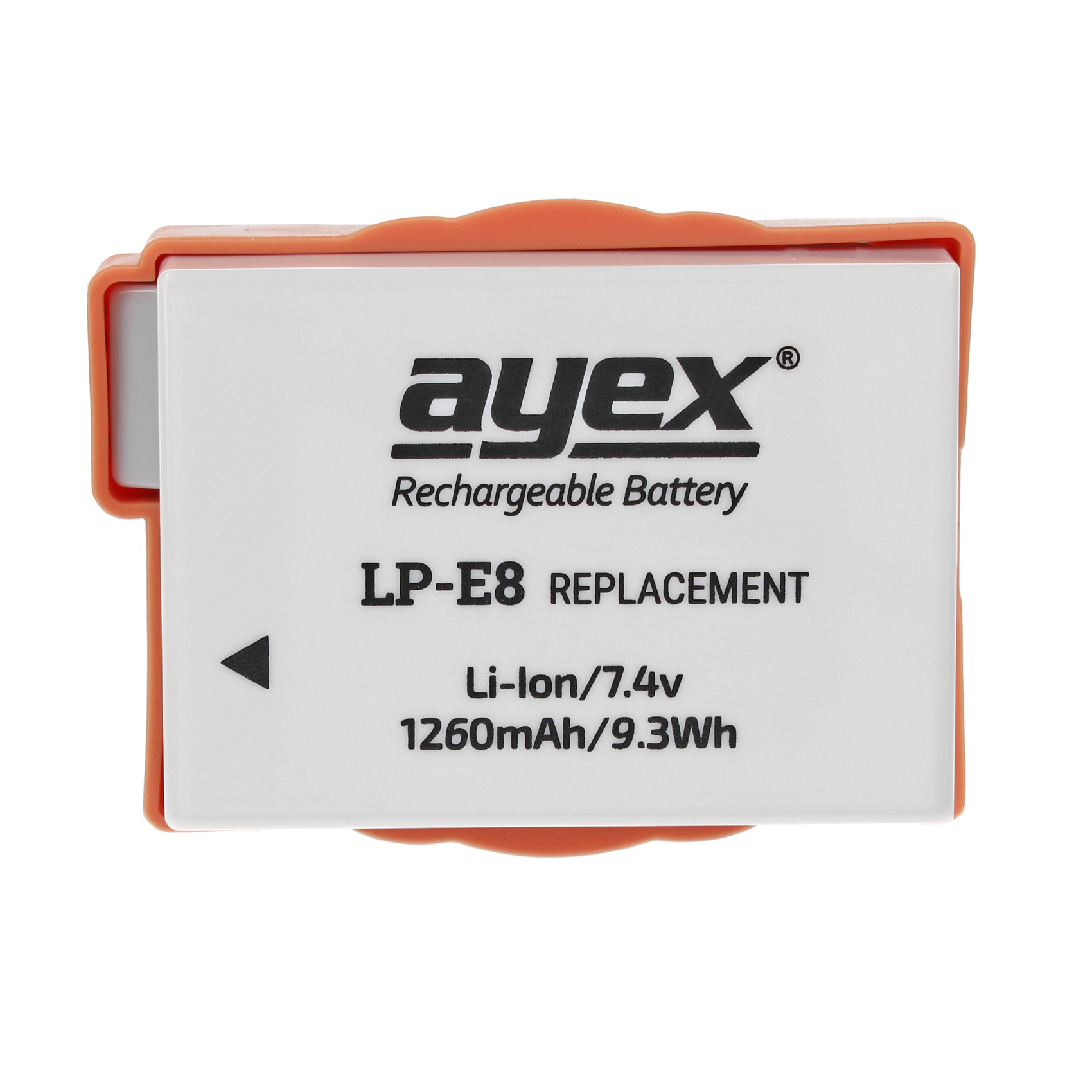Ein weiß-oranger ayex Akku. Text lautet: LP-E8 Ersatz.