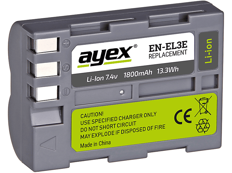 AYEX EN-EL3e Akku für Nikon D70 D80 D90 D100 D200 D300s D700 integr. Info-Chip 100% Kompatibel, Kamera Akku, Schwarz
