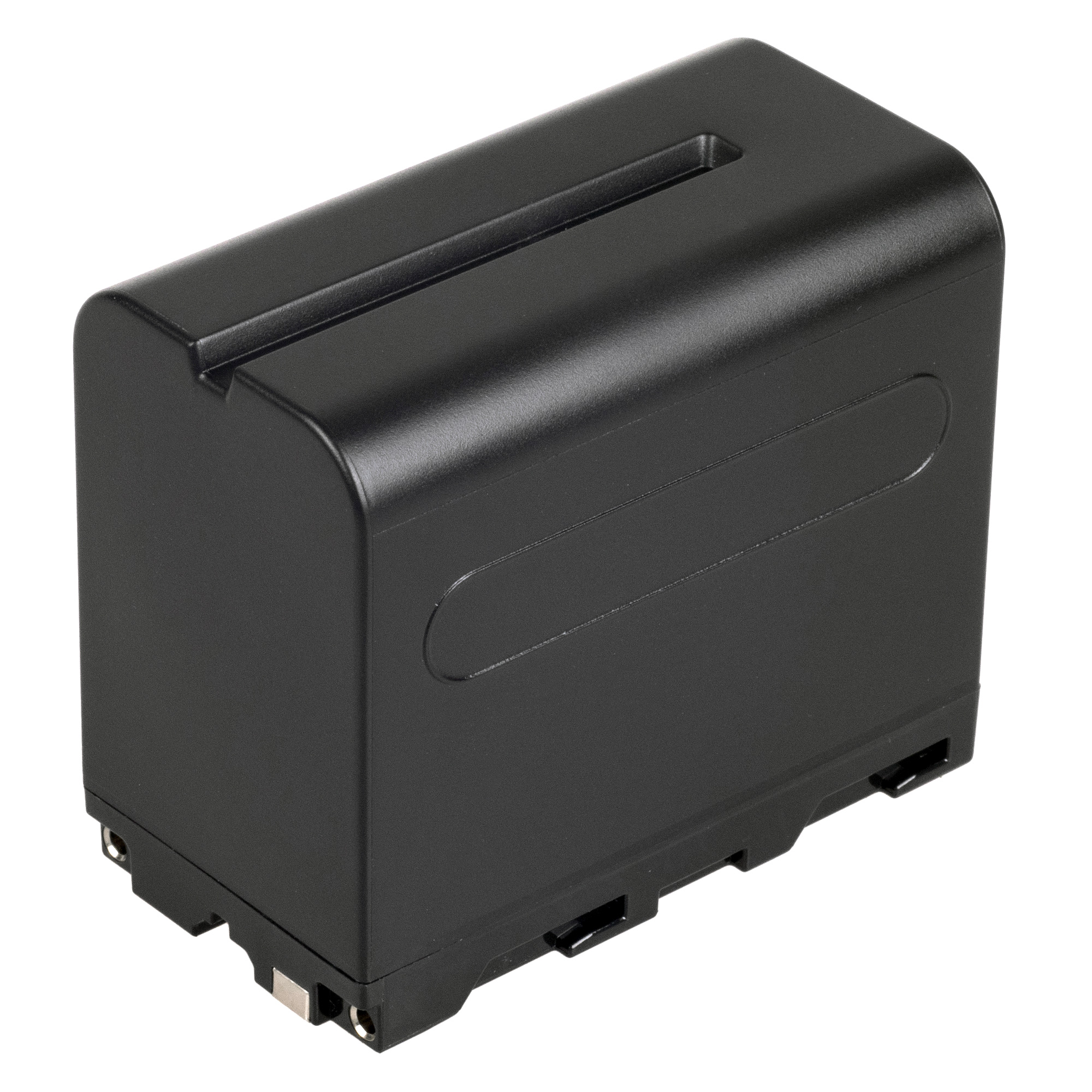 Schwarze V-Mount-Batterie, rechteckig mit Metallkontakt auf weißem Hintergrund.