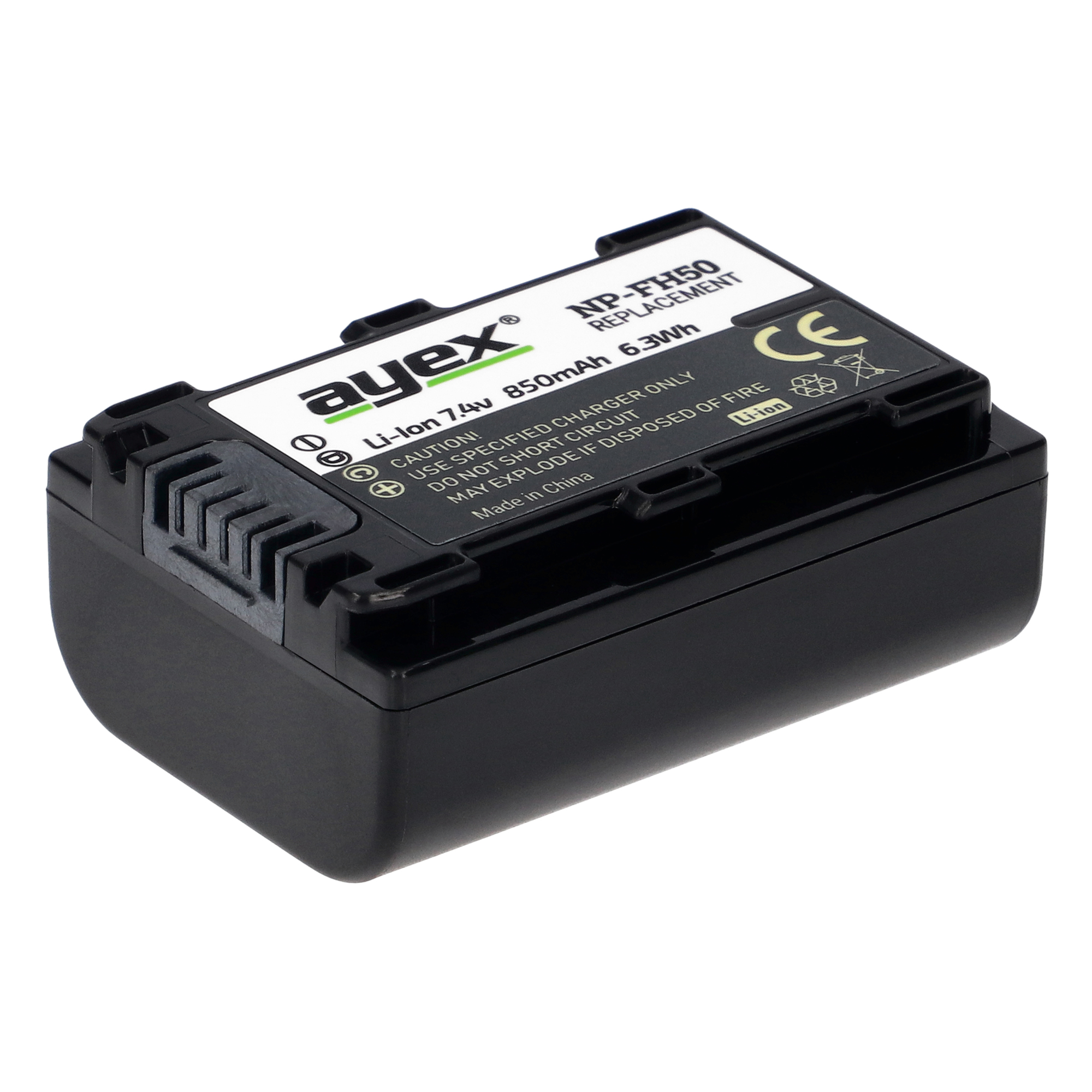 Schwarze Kamera-Batterie mit weißem Text und Grafiken. Rechteckige Form mit weißem Etikett. Warnhinweise sind gedruckt.