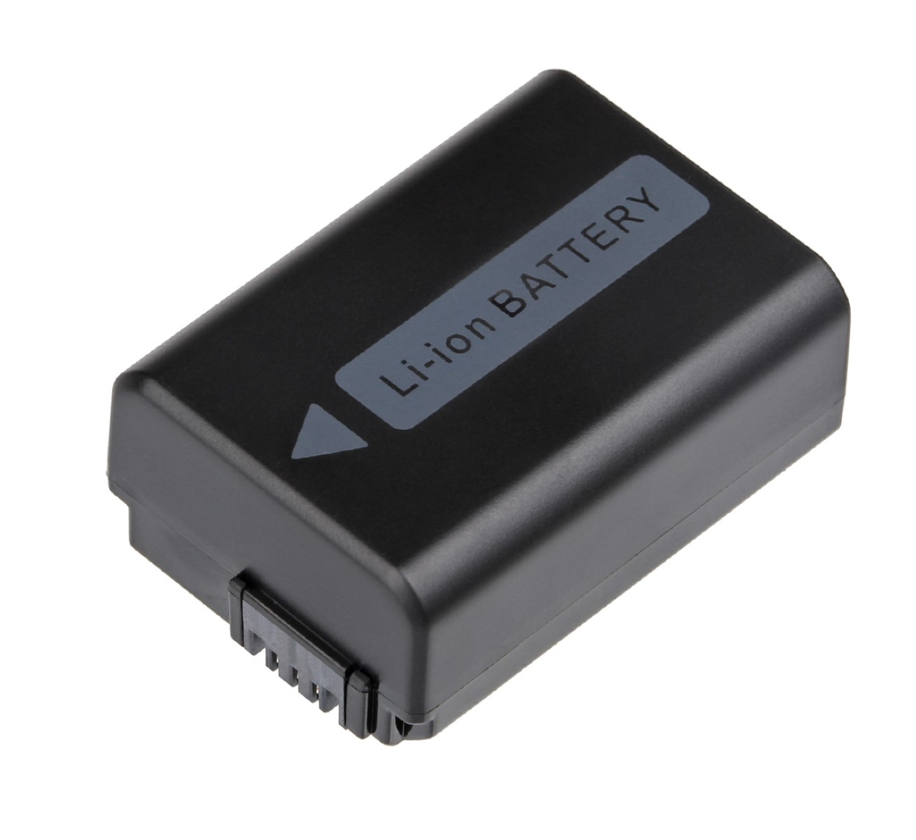 Schwarzer Li-Ionen-Akku mit Etikett. Auf dem Etikett steht 'Li-ion BATTERY'. Er hat einen Anschluss unten.