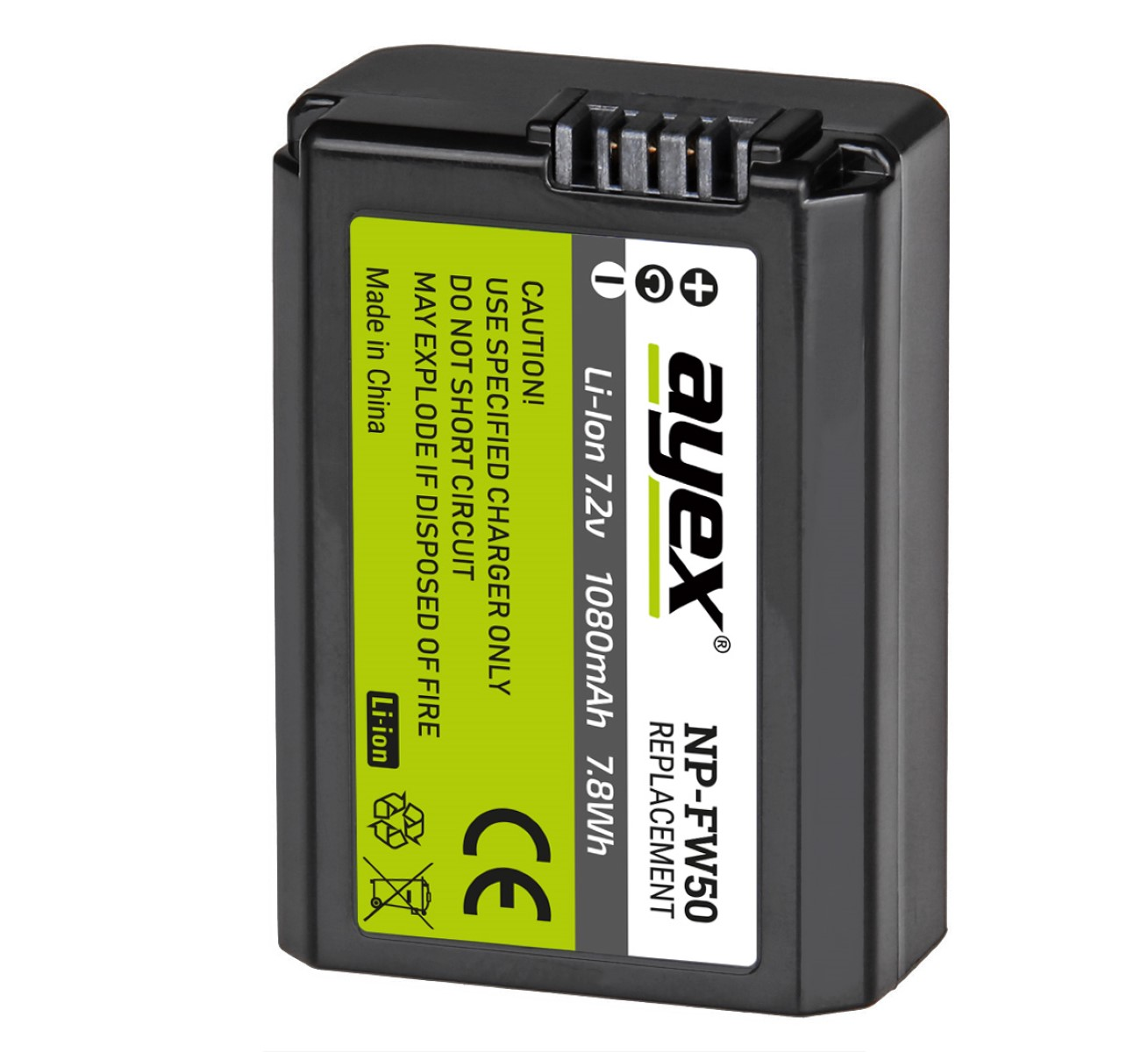 Schwarzer Akku-Pack mit Etiketten und der Marke 'ayex'.