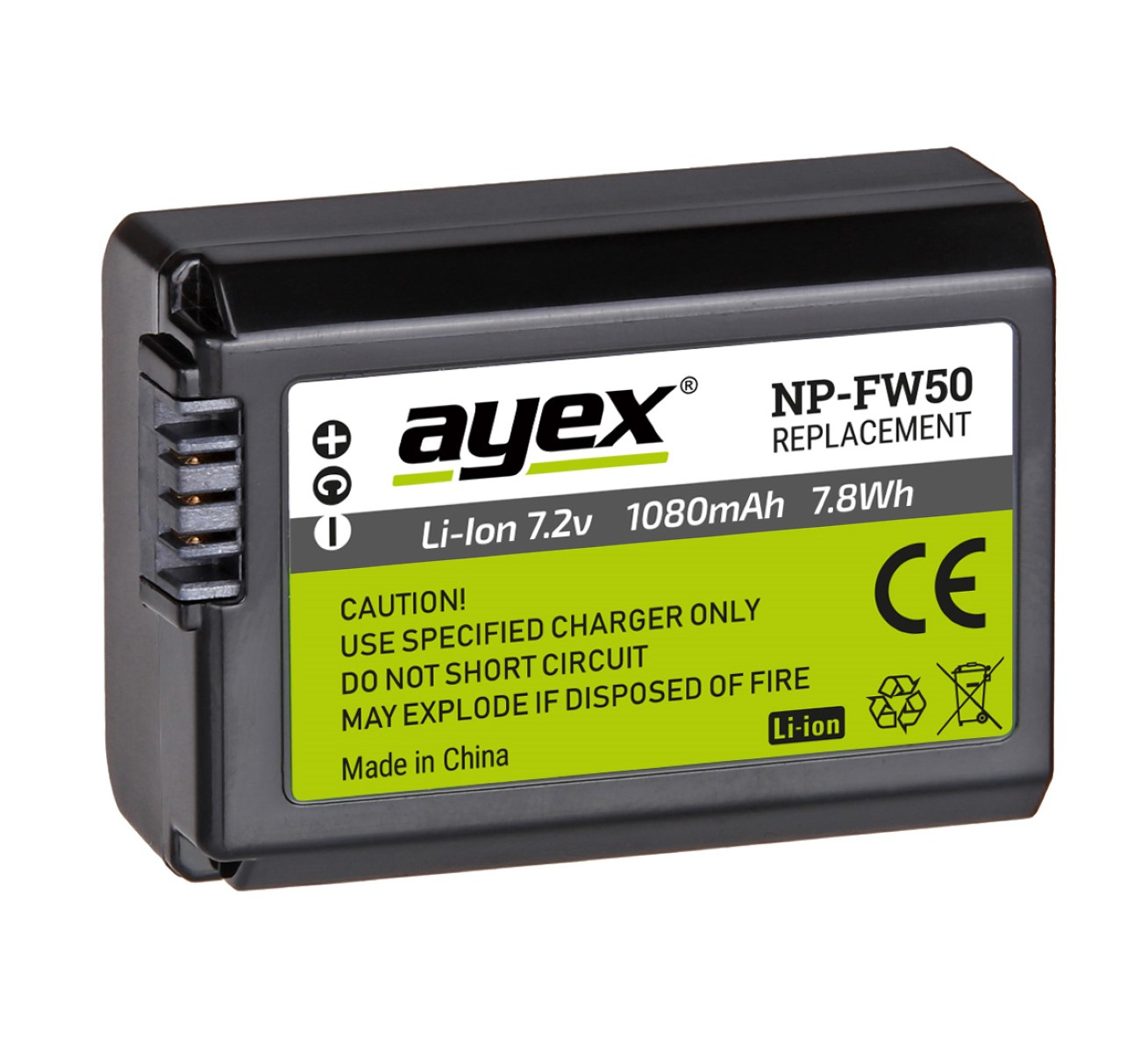 Schwarzer ayex NP-FW50 Kameraakku mit grünem Etikett, weißer Hintergrund.