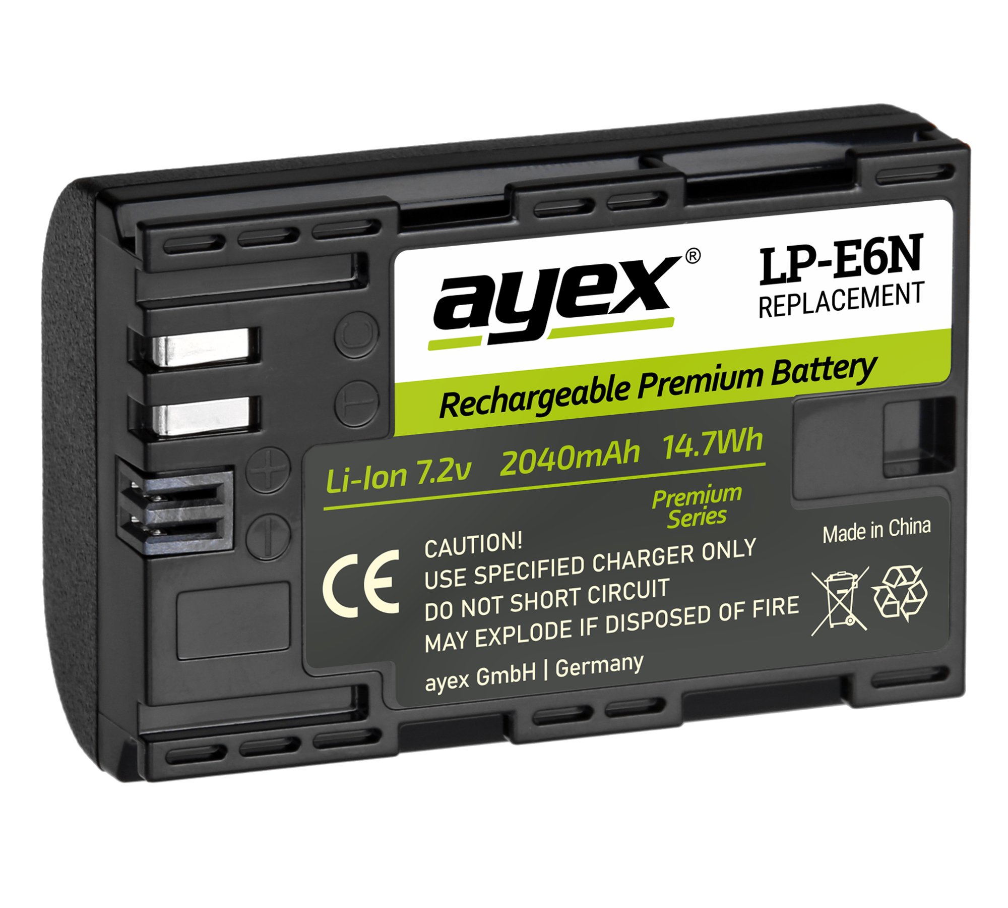 Schwarzer Akku mit weißem und grünem Text. ayex wiederaufladbare Premium-Batterie.