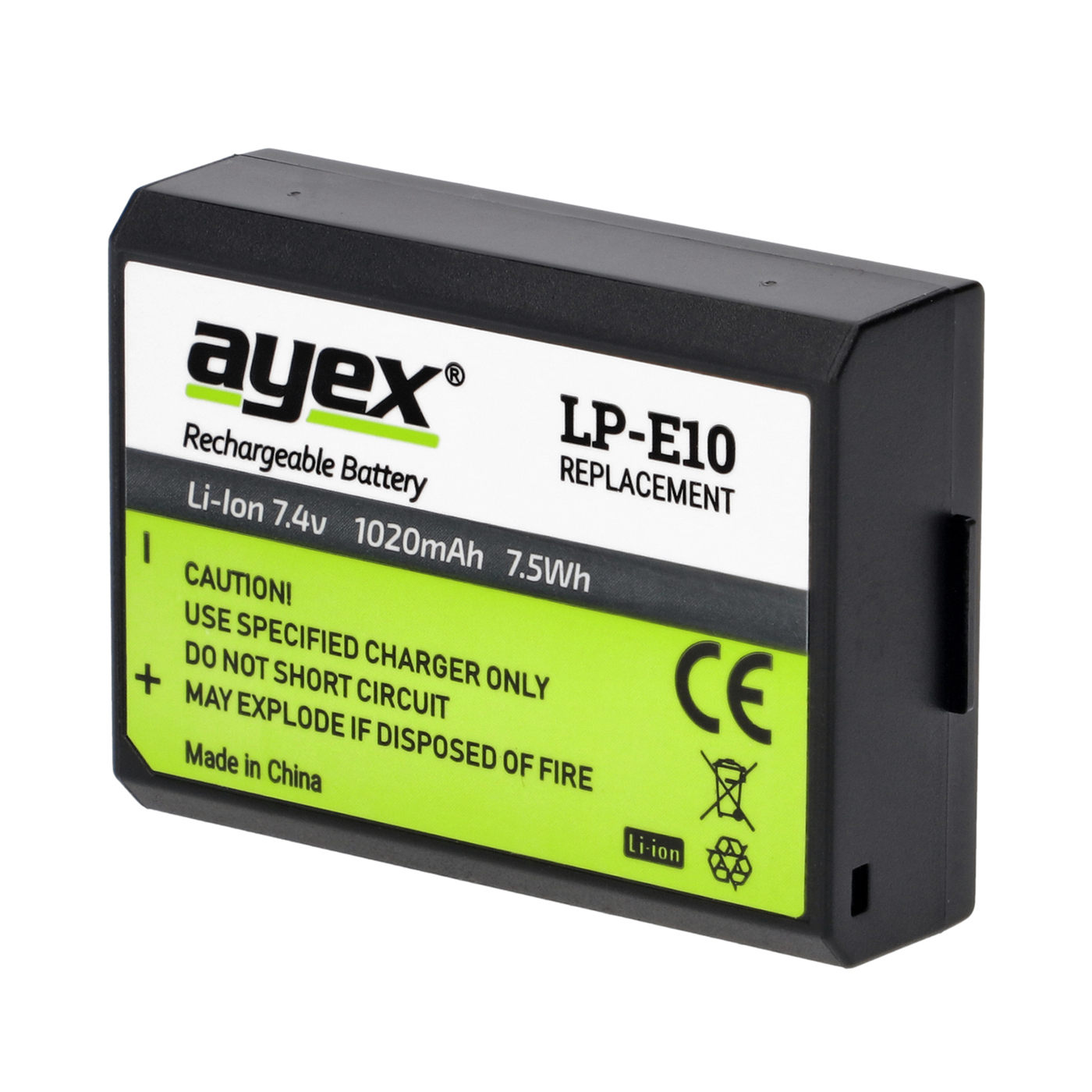 Ein schwarzer und grüner, wiederaufladbarer Akku von ayex mit Text.