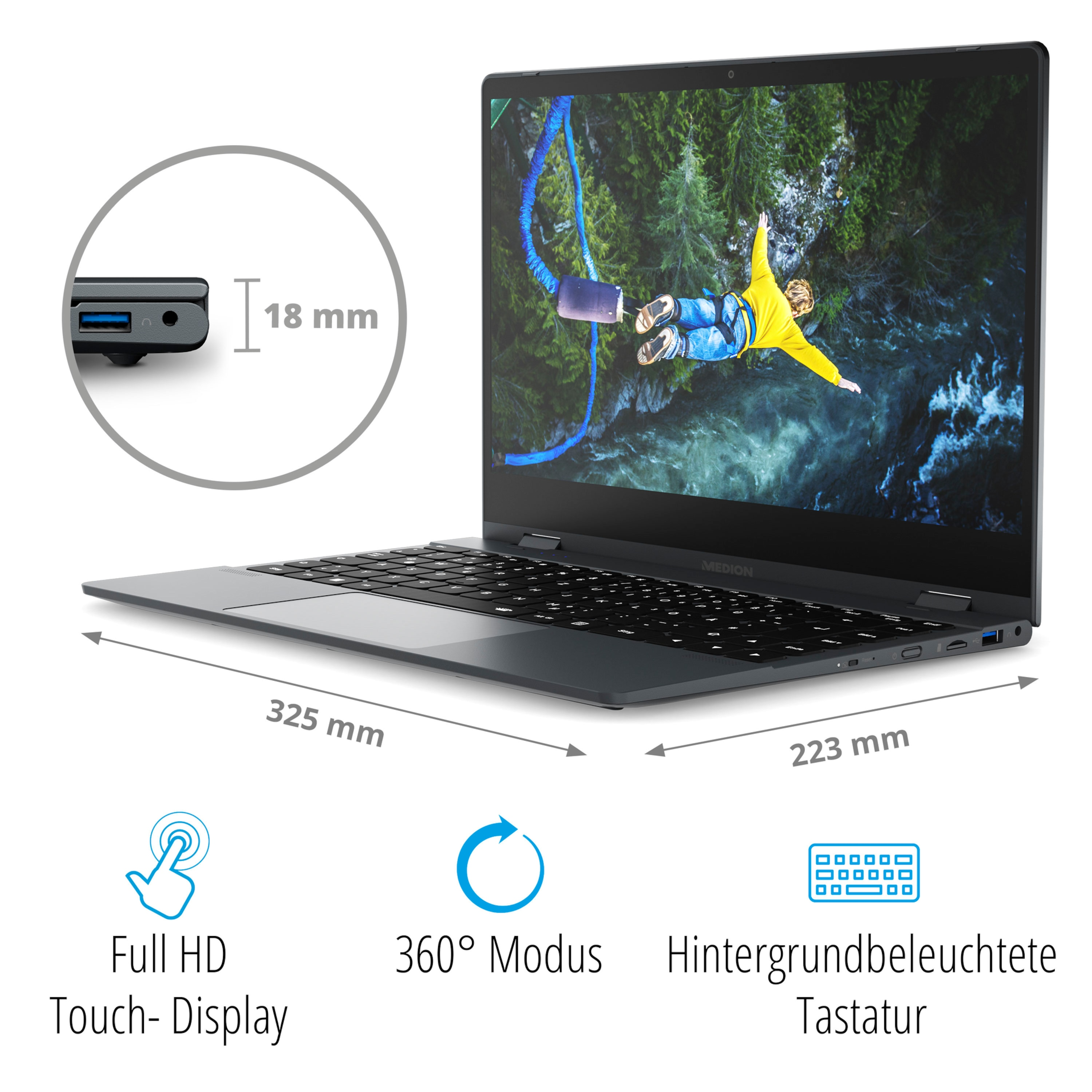 MEDION E14413 Convertible Display SSD, Notebook GB Zoll 128 GB RAM, 14 Prozessor, blau Core™ mit i3 Touchscreen, Intel® 8 Touchdisplay
