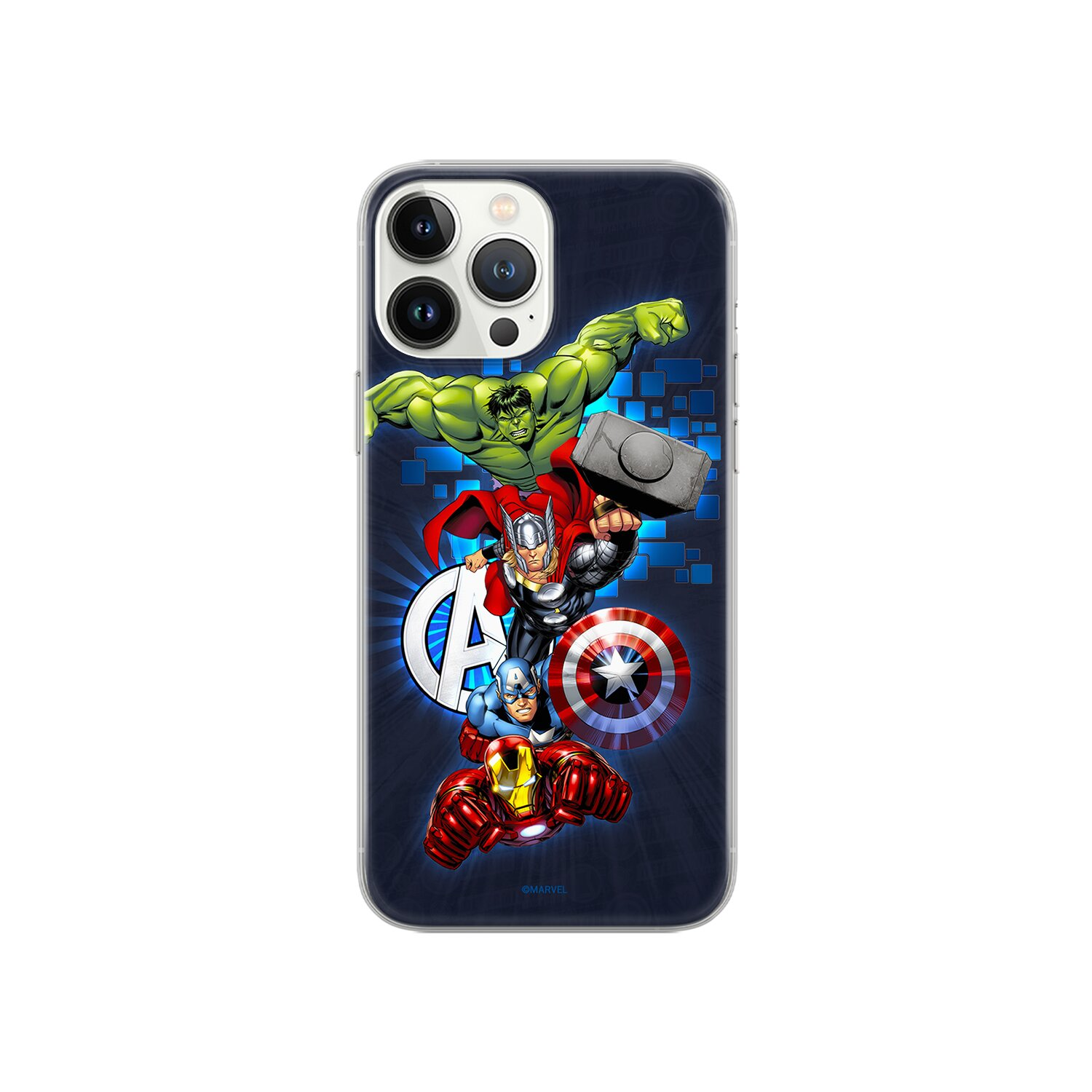 Custodia per telefono con personaggi degli Avengers. Hulk, Thor, Capitan America e Iron Man sono presenti.