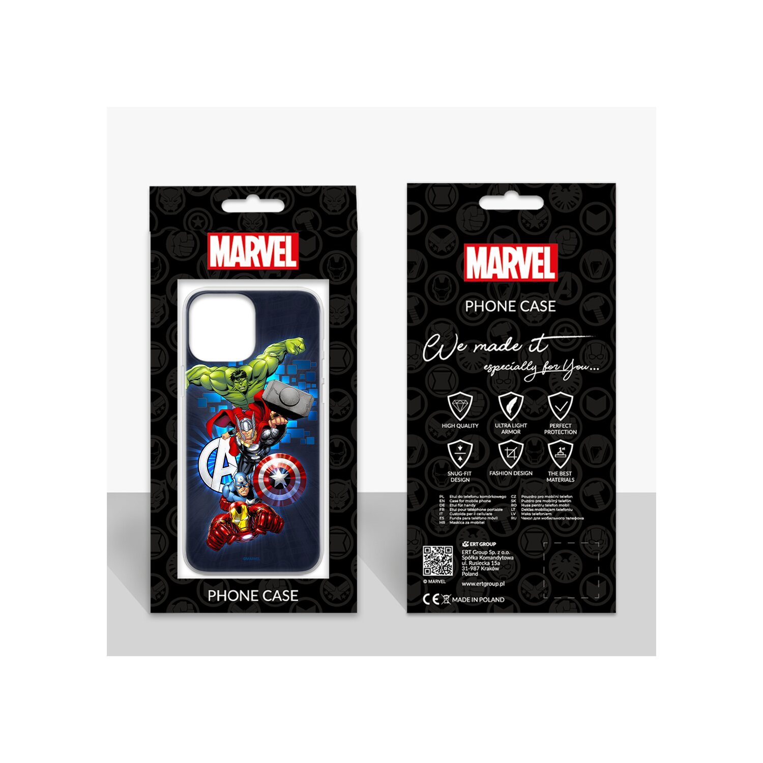 Confezione della custodia per telefono Marvel, che mostra i design anteriori e posteriori.