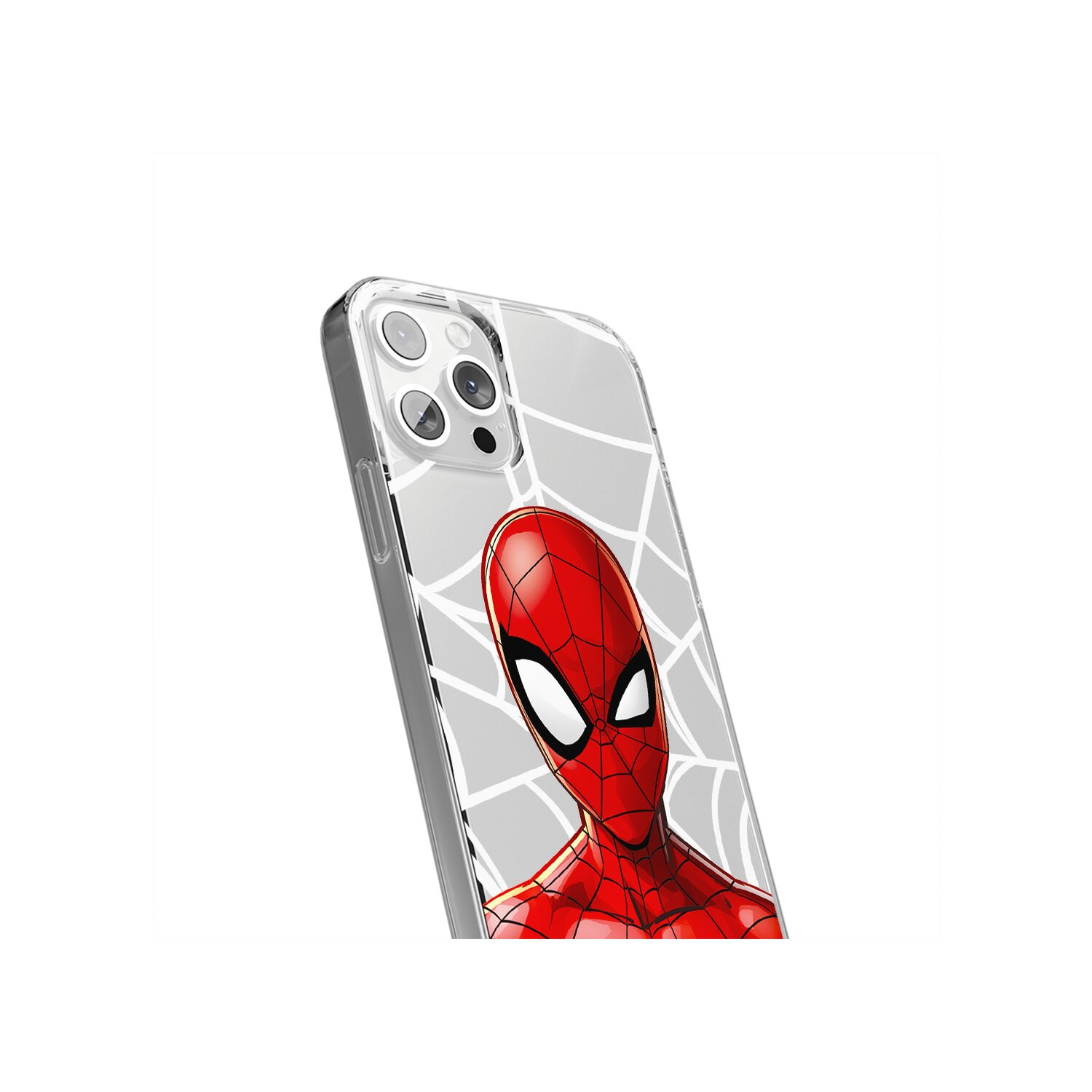 Custodia per telefono con la faccia di Spiderman. Lo sfondo mostra un motivo a ragnatela bianca.