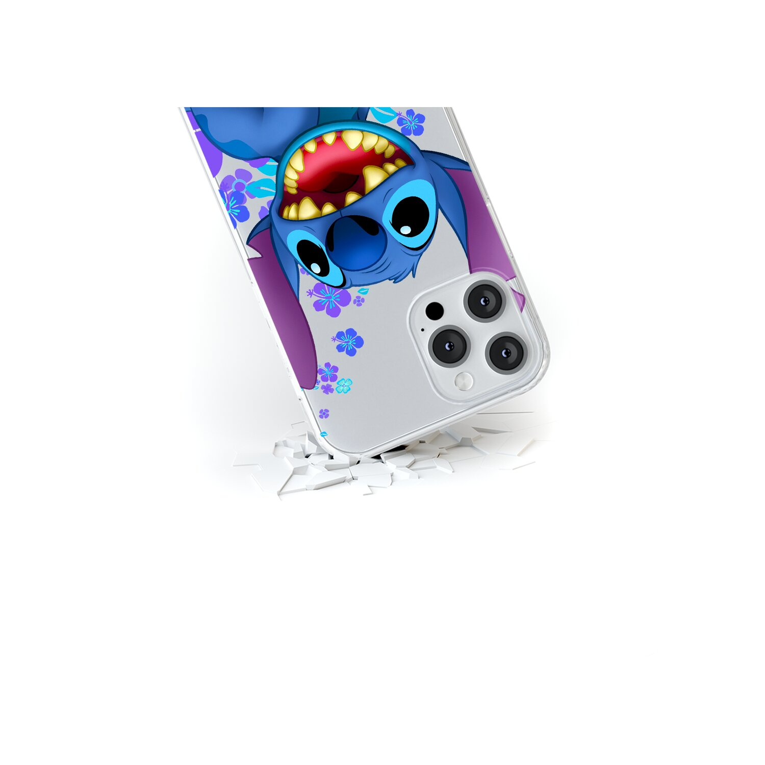 Eine Handyhülle mit Stitch aus Lilo & Stitch. Die Hülle ist klar und zeigt Stitch kopfüber.