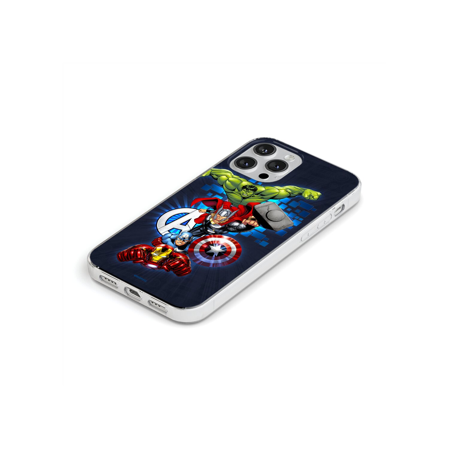 Una custodia per telefono con personaggi degli Avengers, tra cui Hulk, Thor, Capitan America e Iron Man.