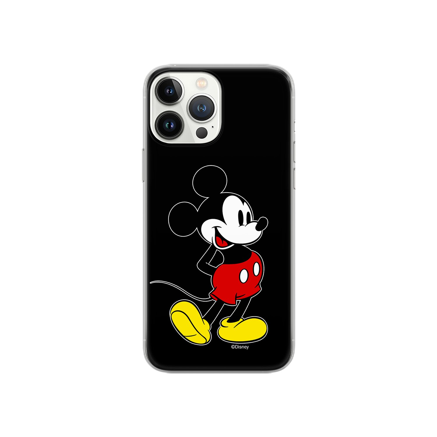 Topolino su una custodia nera, pantaloncini rossi e scarpe gialle.