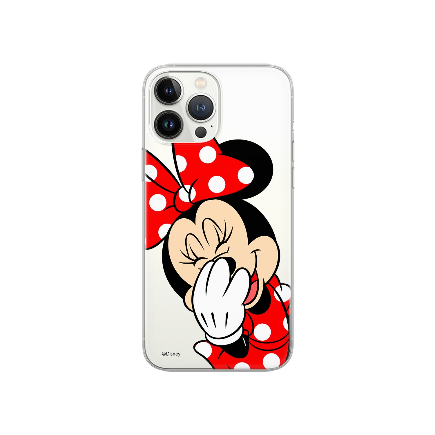 Custodia per telefono di Minnie, fiocco rosso, vestito. Sfondo bianco.