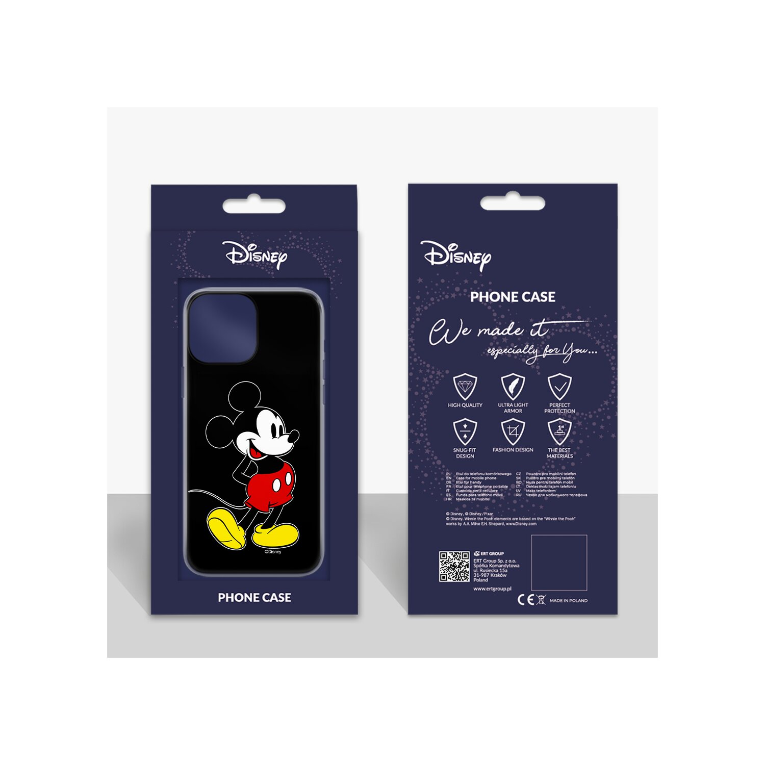 Una custodia per telefono con Topolino sul davanti e una descrizione del prodotto sul retro.