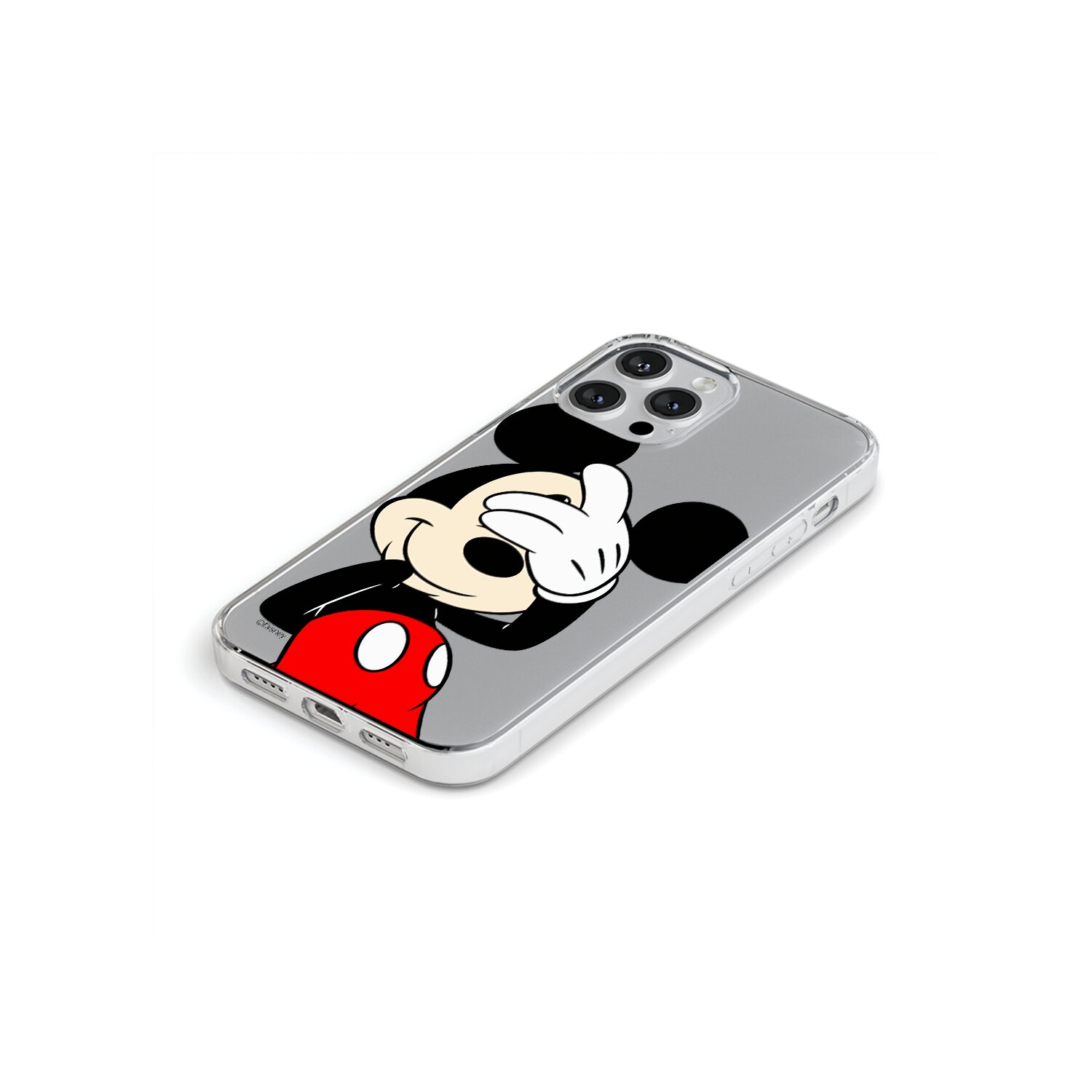 Una custodia per telefono con Topolino. La custodia è trasparente. Mickey indossa una camicia rossa. Lo sfondo è bianco.