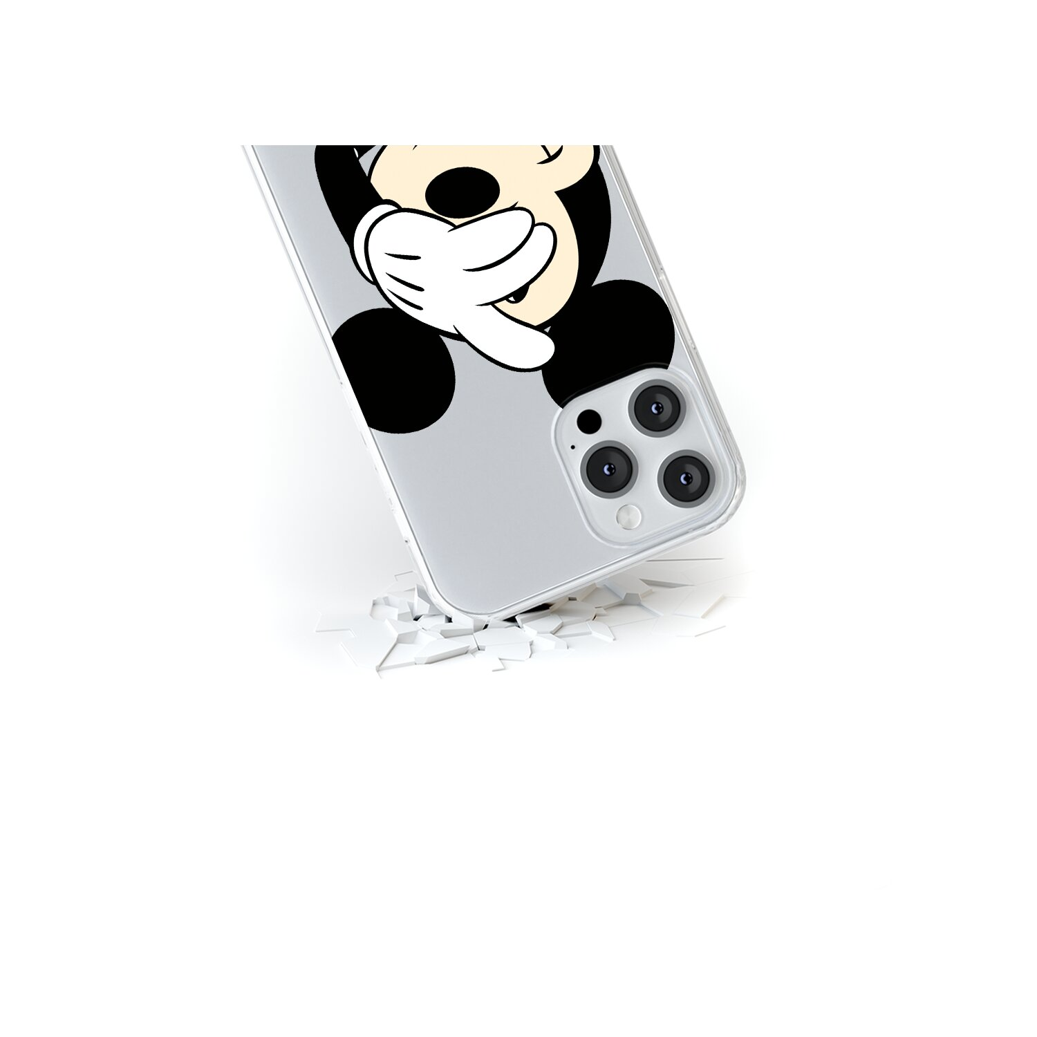 Eine Handyhülle mit Mickey Mouse-Design fällt auf eine gerissene Oberfläche. Weißer Hintergrund.