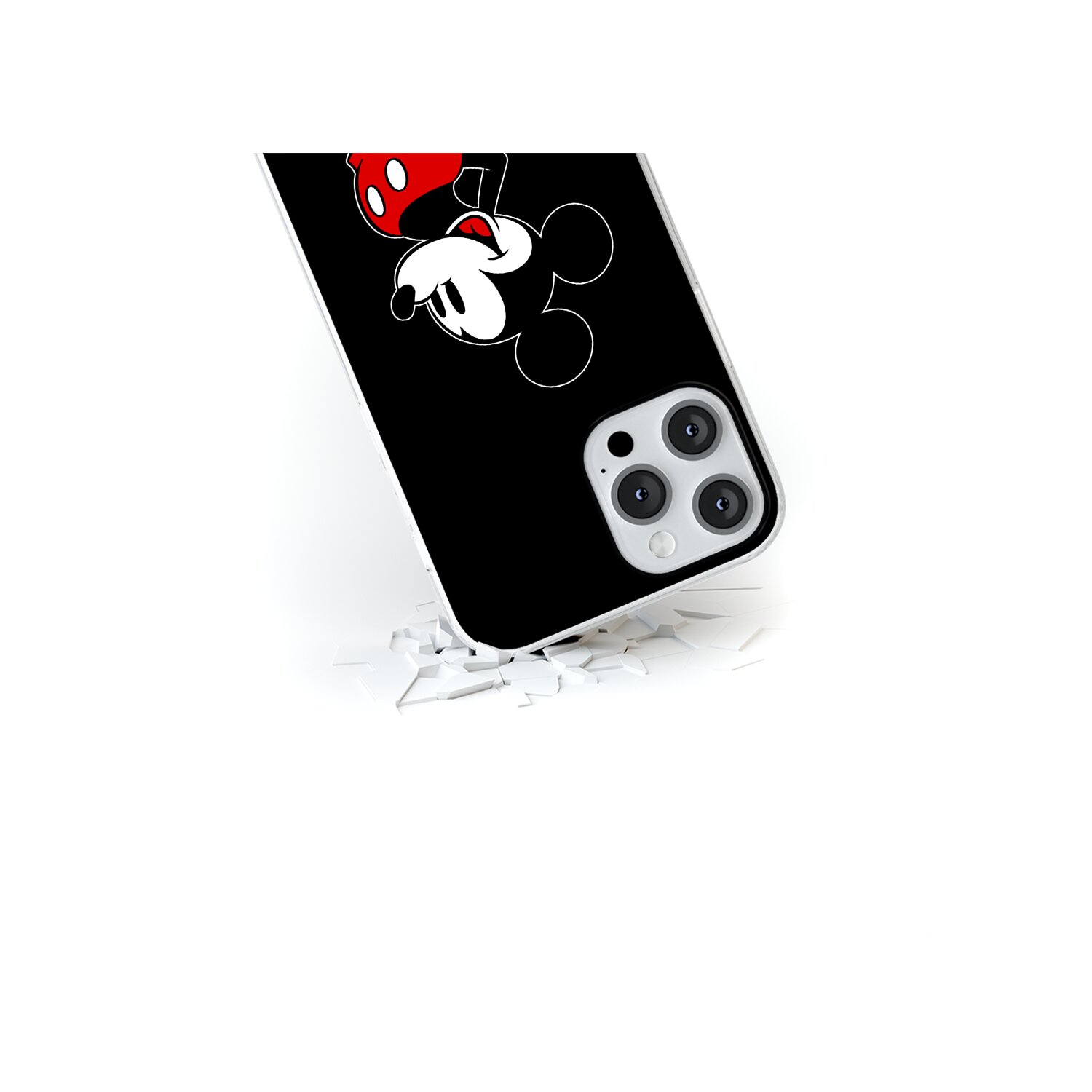 Custodia per telefono nera con design di Mickey Mouse. Sfondo bianco con crepe.