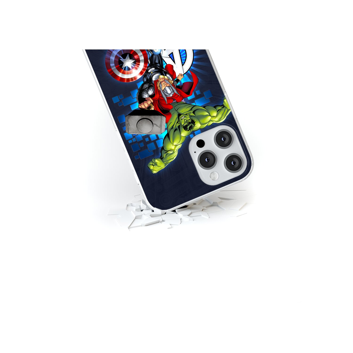 Una custodia per telefono con Hulk, Thor e Capitan America. Sfondo bianco con crepe.