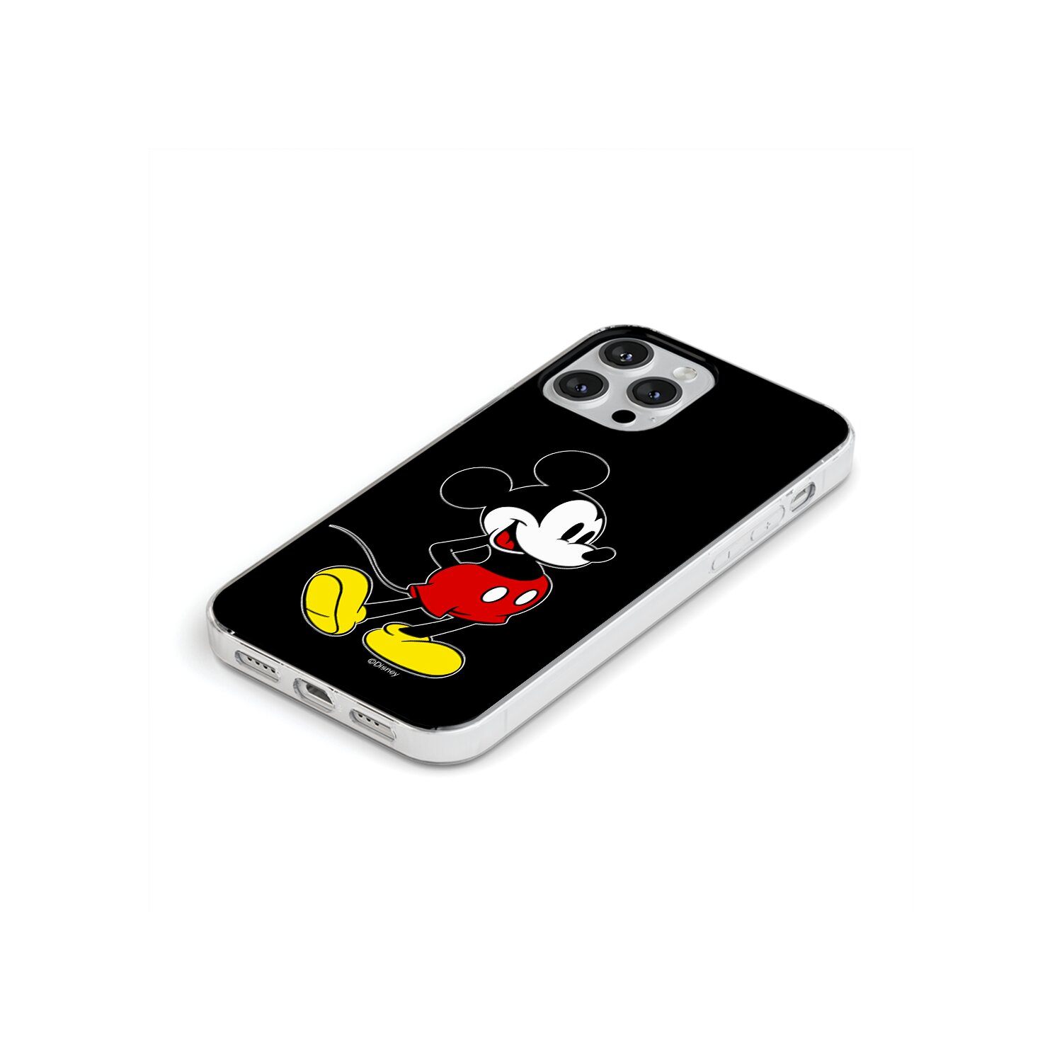 Custodia per telefono con design di Mickey Mouse. La custodia mostra Mickey Mouse in piedi su una superficie bianca.