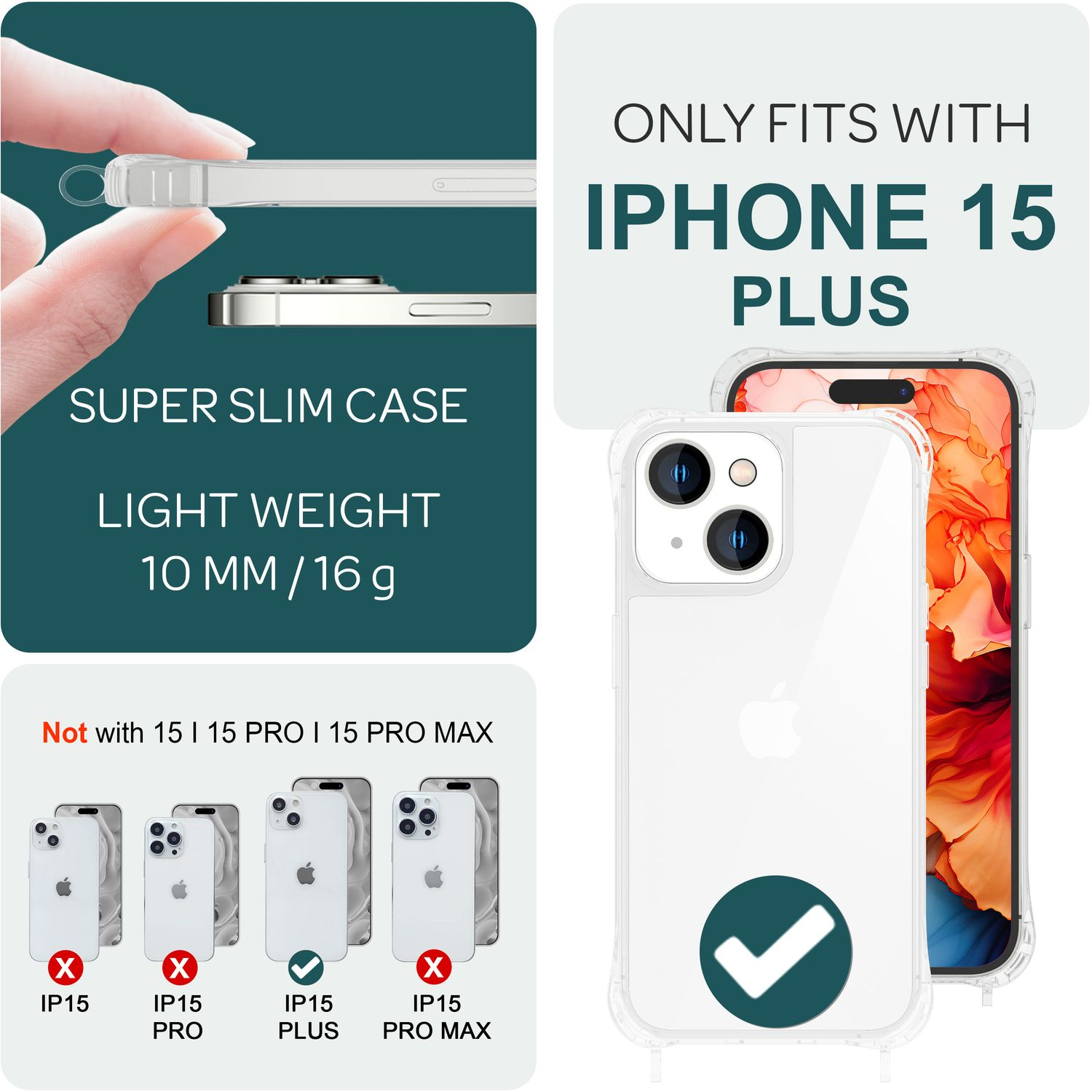 Eine Handyhülle mit klarem, schützendem Design, die die Kompatibilität mit dem iPhone 15 Plus hervorhebt.