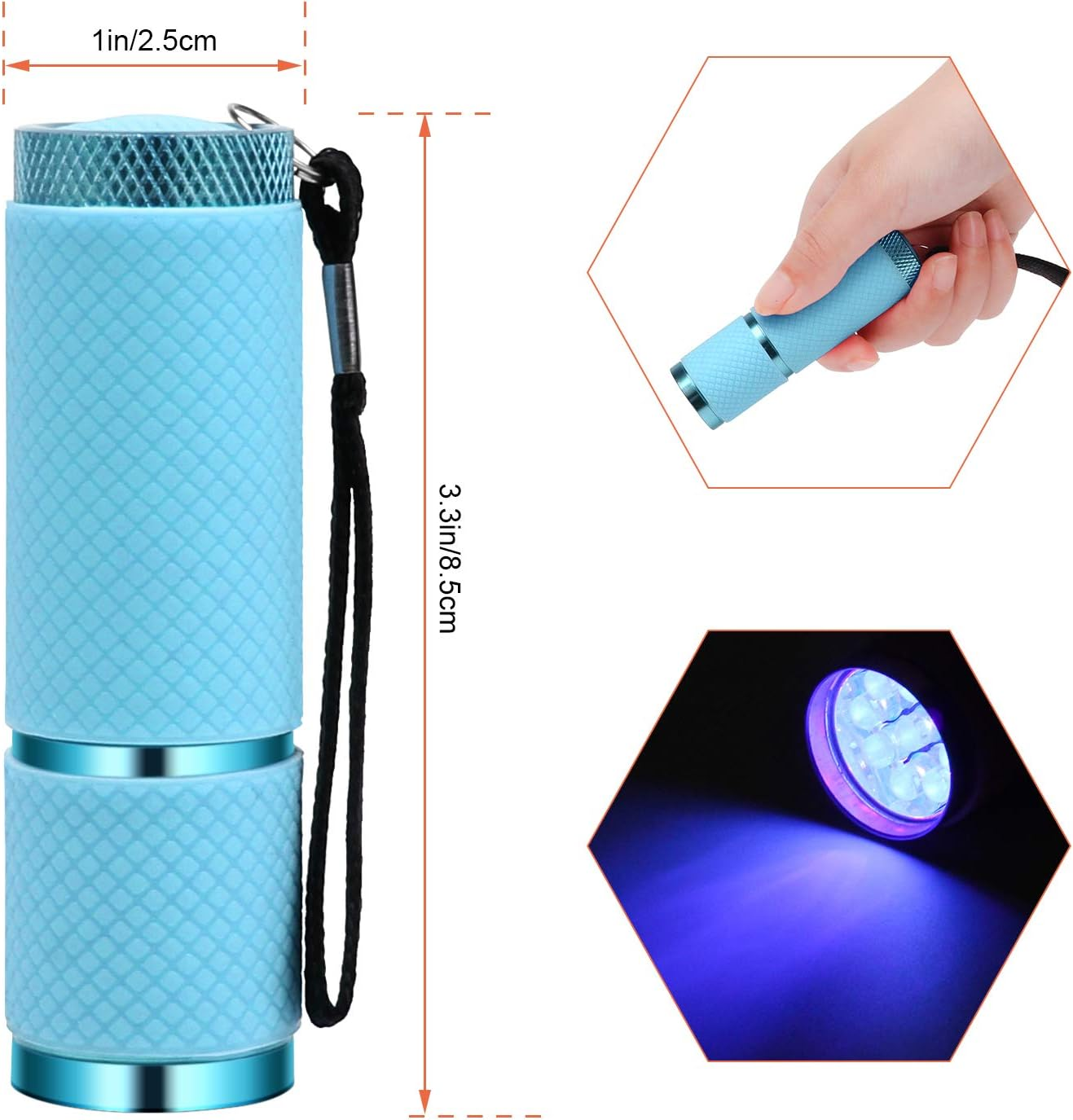Eine blaue Taschenlampe mit schwarzem Riemen. Sie hat eine Größe von 3,3 Zoll und ein Licht am Ende.