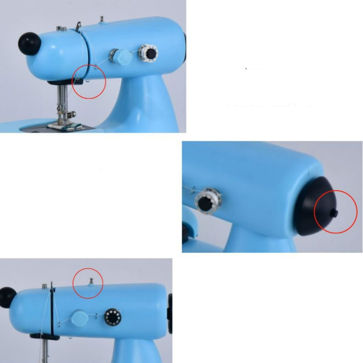 Nahaufnahme einer blauen Spielzeug-Nähmaschine. Die Maschine hat Knöpfe, eine Nadel und Garnrollen, markiert in roten Kreisen.