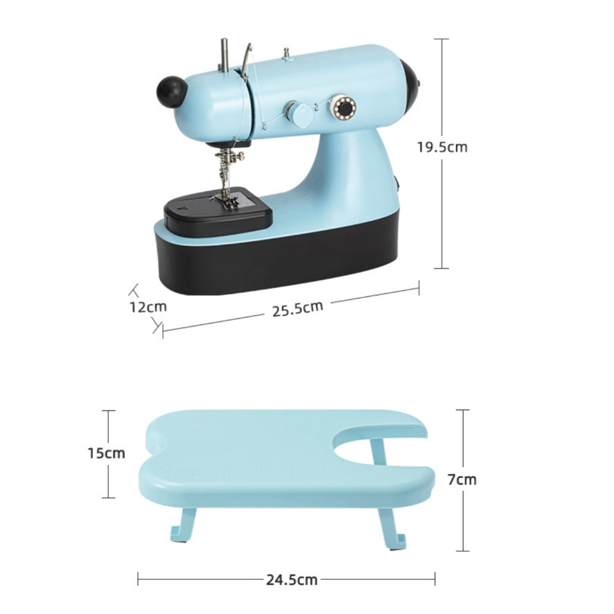 Blaue Vintage-Nähmaschine mit blauem Tisch, Abmessungen werden gezeigt.
