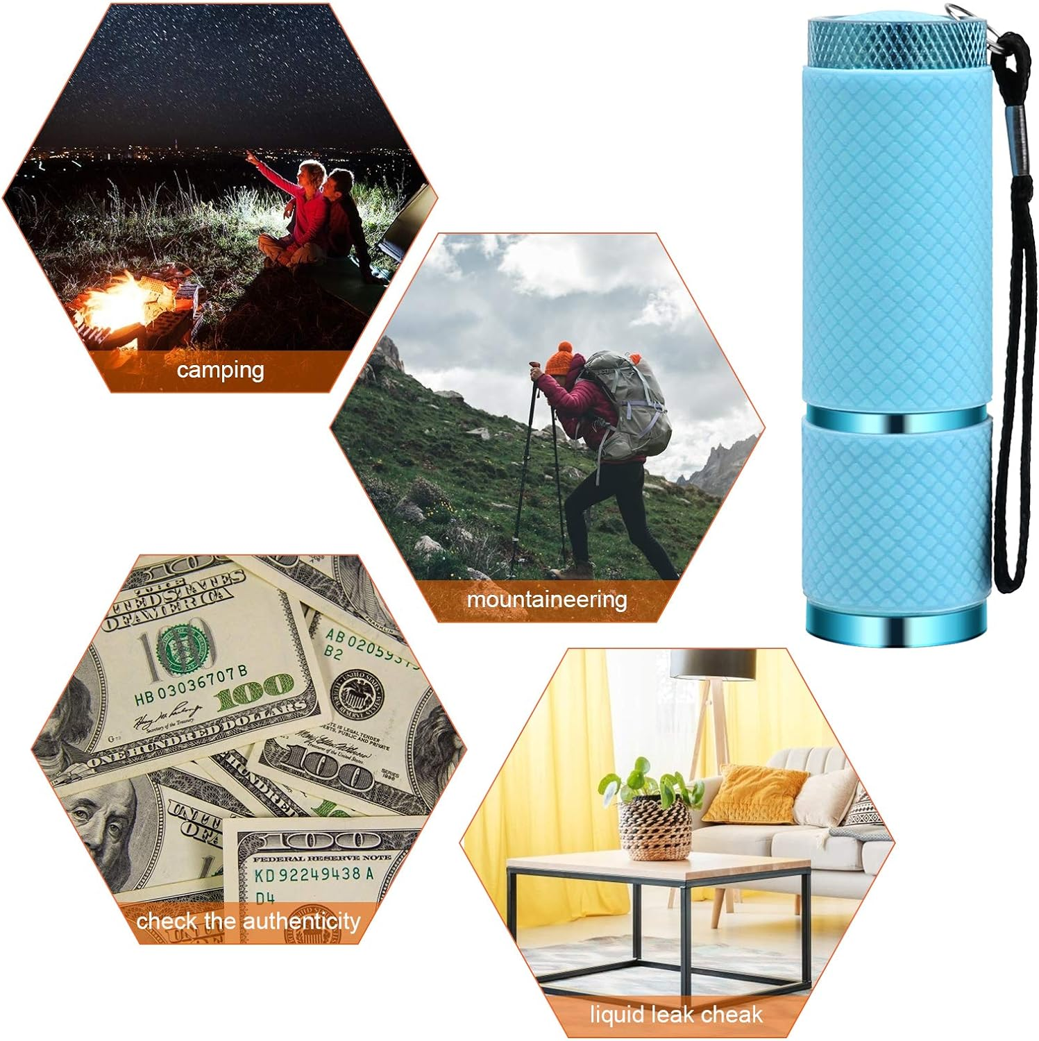 Blaue Taschenlampe mit sechseckigen Symbolen: Camping, Bergsteigen, Bargeld und Zuhause.