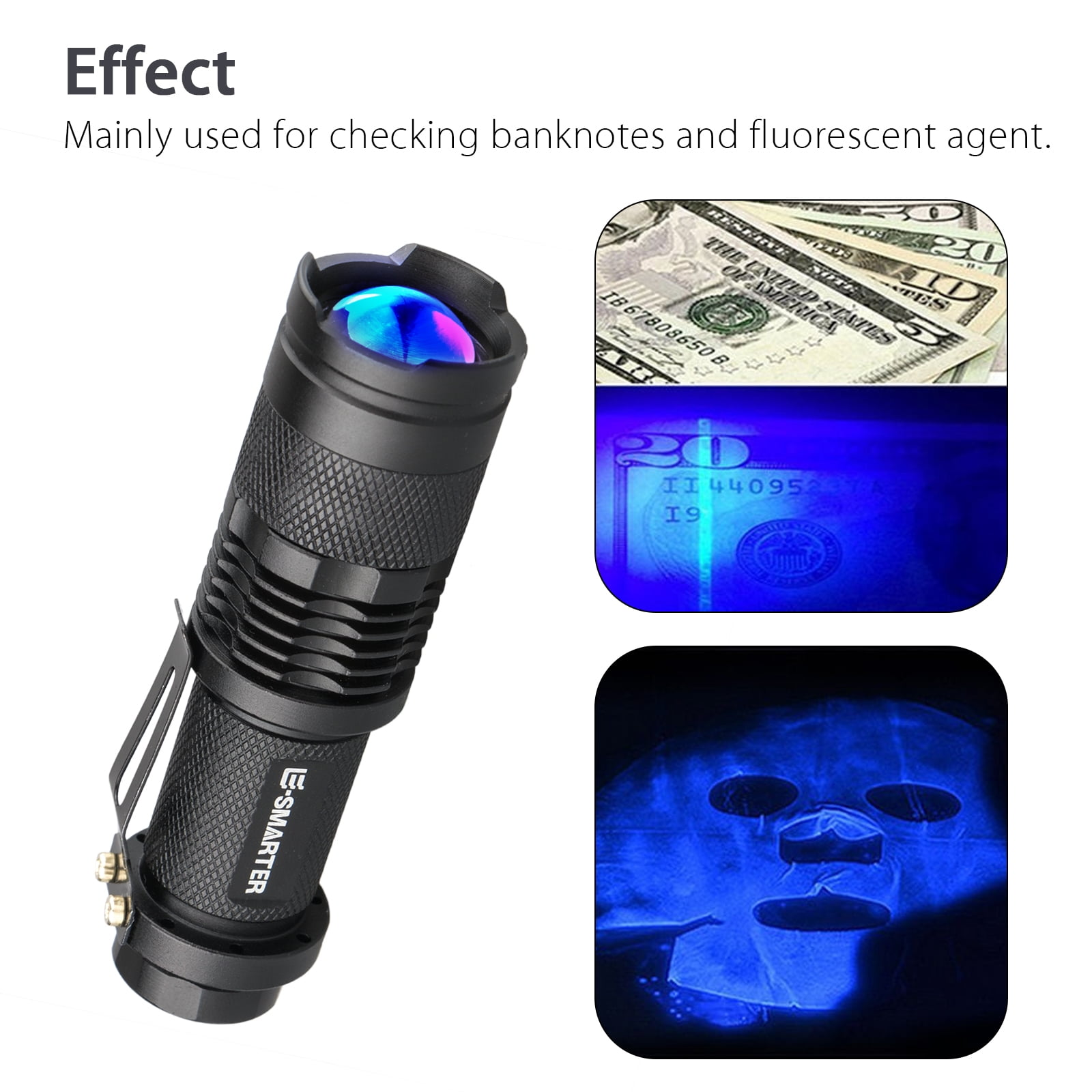Schwarze Taschenlampe mit Blaulichteffekt auf Geldschein und Gesichtsmaske.