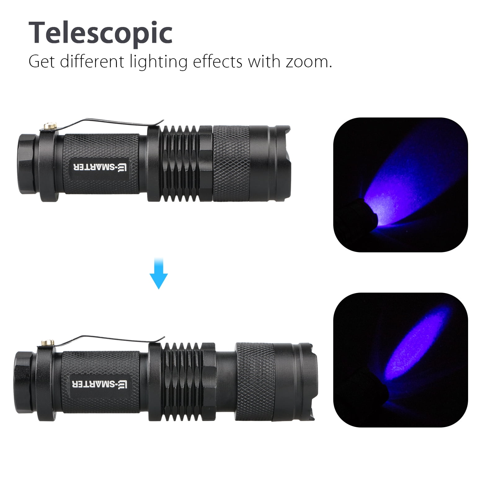 Zwei schwarze Taschenlampen, eine mit fokussiertem Strahl und eine mit breiterem, diffusem Strahl.