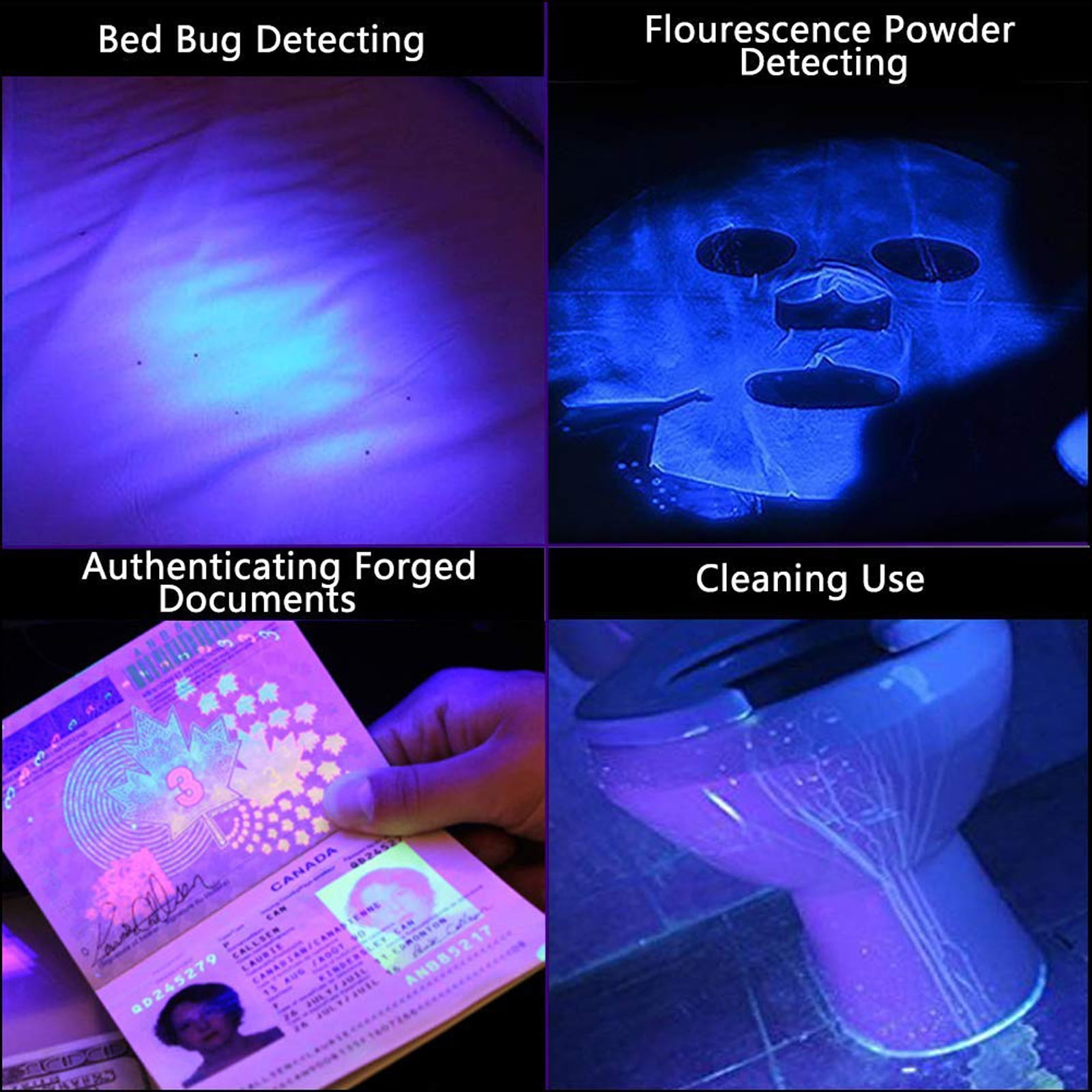 Vier Bilder, die die Verwendung von UV-Licht zeigen: Wanzen-Erkennung, Pulver-Erkennung, Dokumentenprüfung und Reinigung.