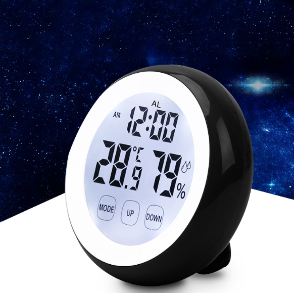 LACAMAX Thermo-Hygrometer - Runder Touchscreen Thermo-Hygrometer Elektronischer Wecker Digitales mit Hintergrundbeleuchtung