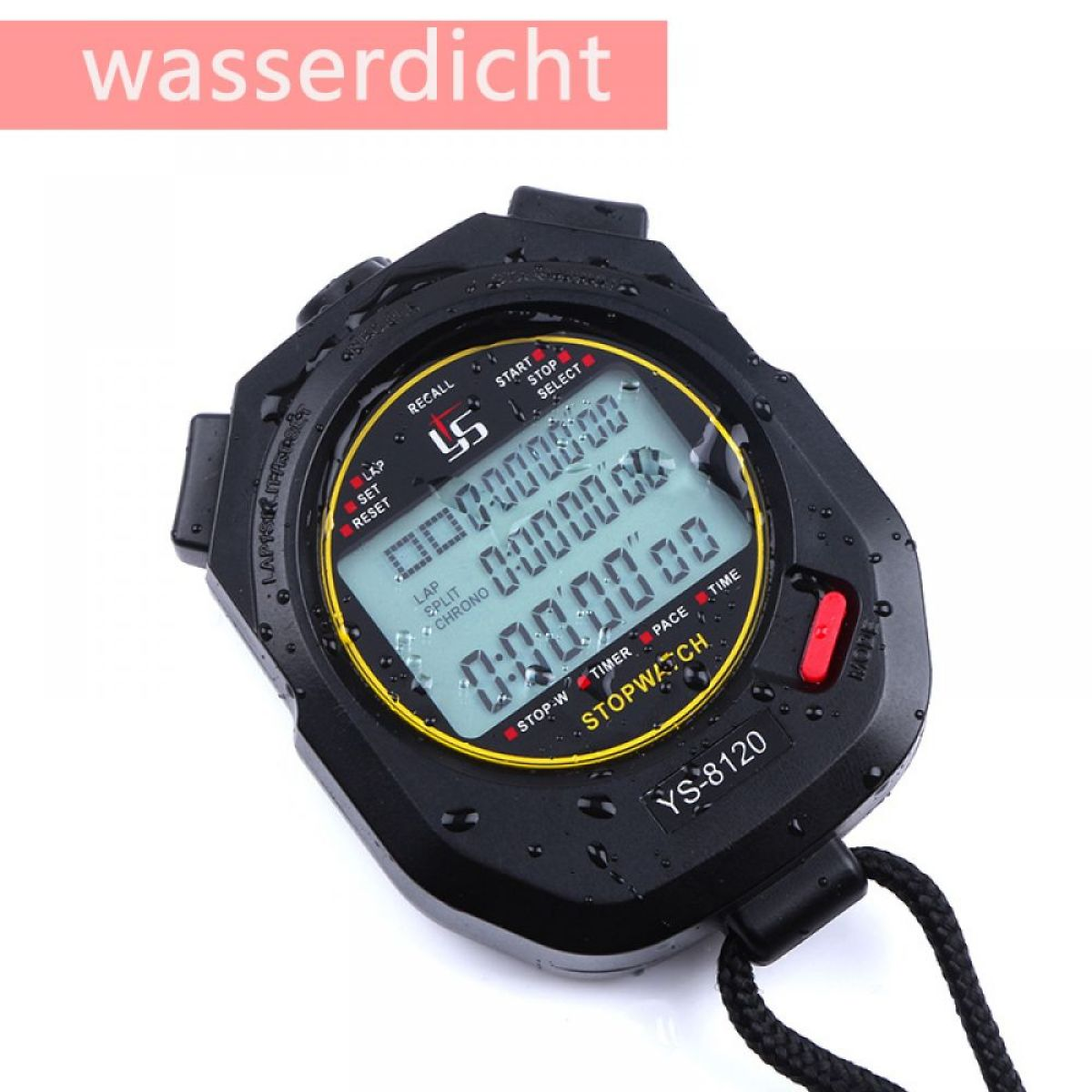 Schwarze Stoppuhr mit Digitalanzeige, zeigt Zeit an, darüber das Wort 'wasserdicht'.