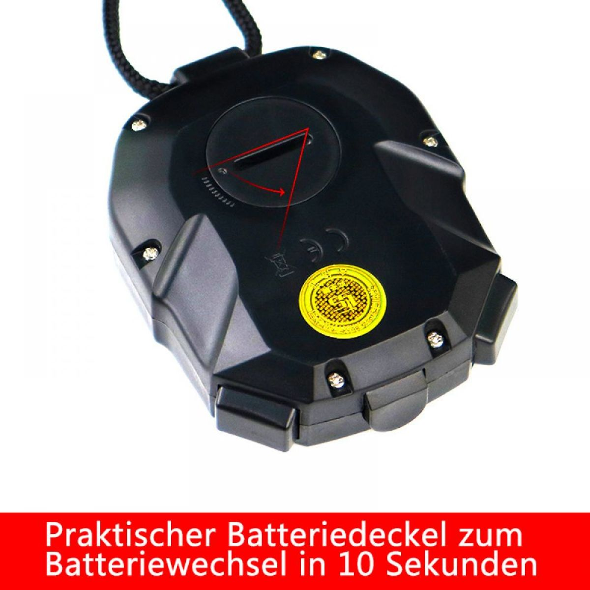 Eine schwarze Stoppuhr mit rotem Pfeil, der das Batteriefach anzeigt.