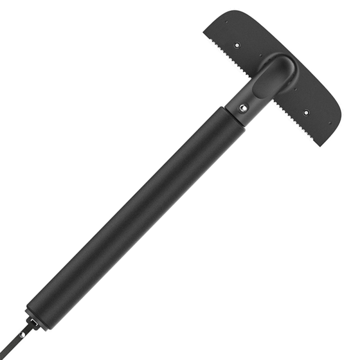Ein schwarzes Schabwerkzeug mit Griff und gezahnter Klinge, auf weißem Hintergrund.