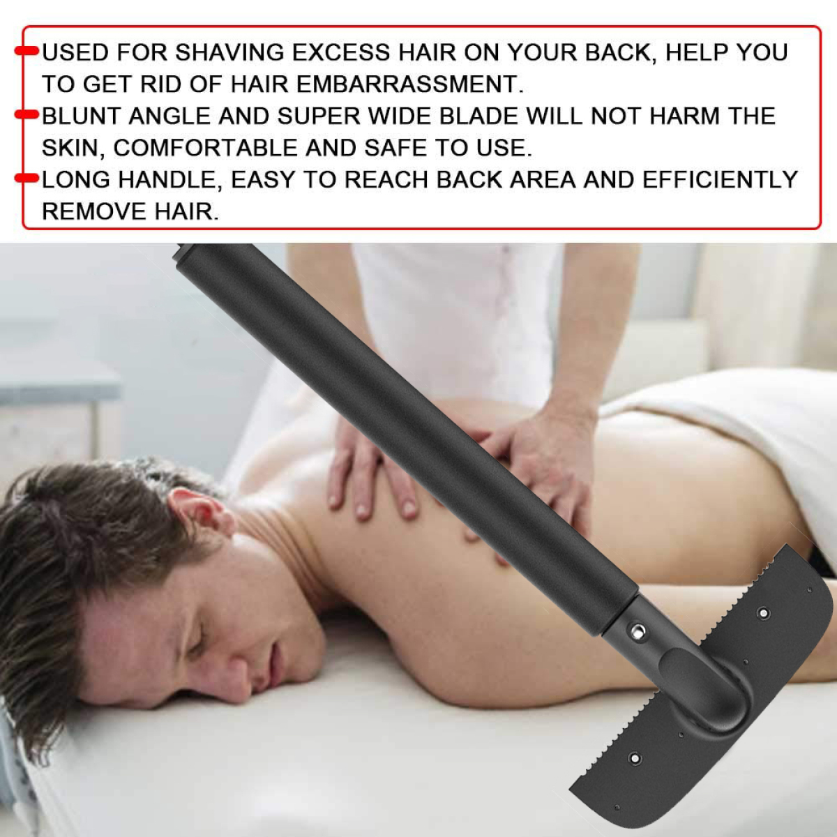 Ein Mann liegt mit dem Gesicht nach unten und bekommt eine Rückenmassage mit einem Werkzeug zur Haarentfernung.