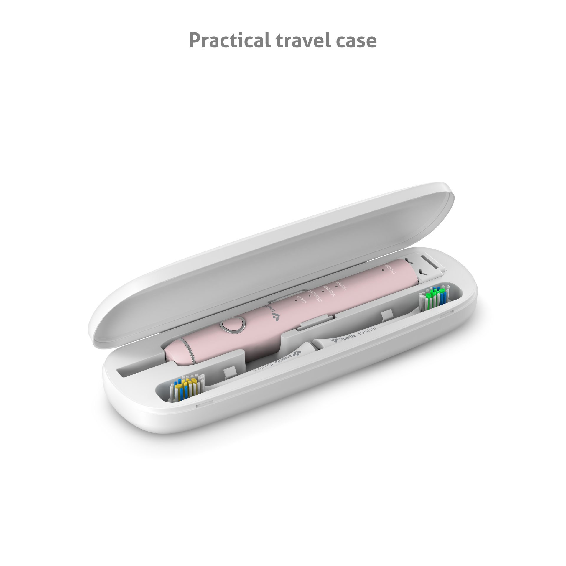 Otwarta biała walizka na szczoteczkę do zębów. W środku różowa szczoteczka i dwie główki na białym tle.