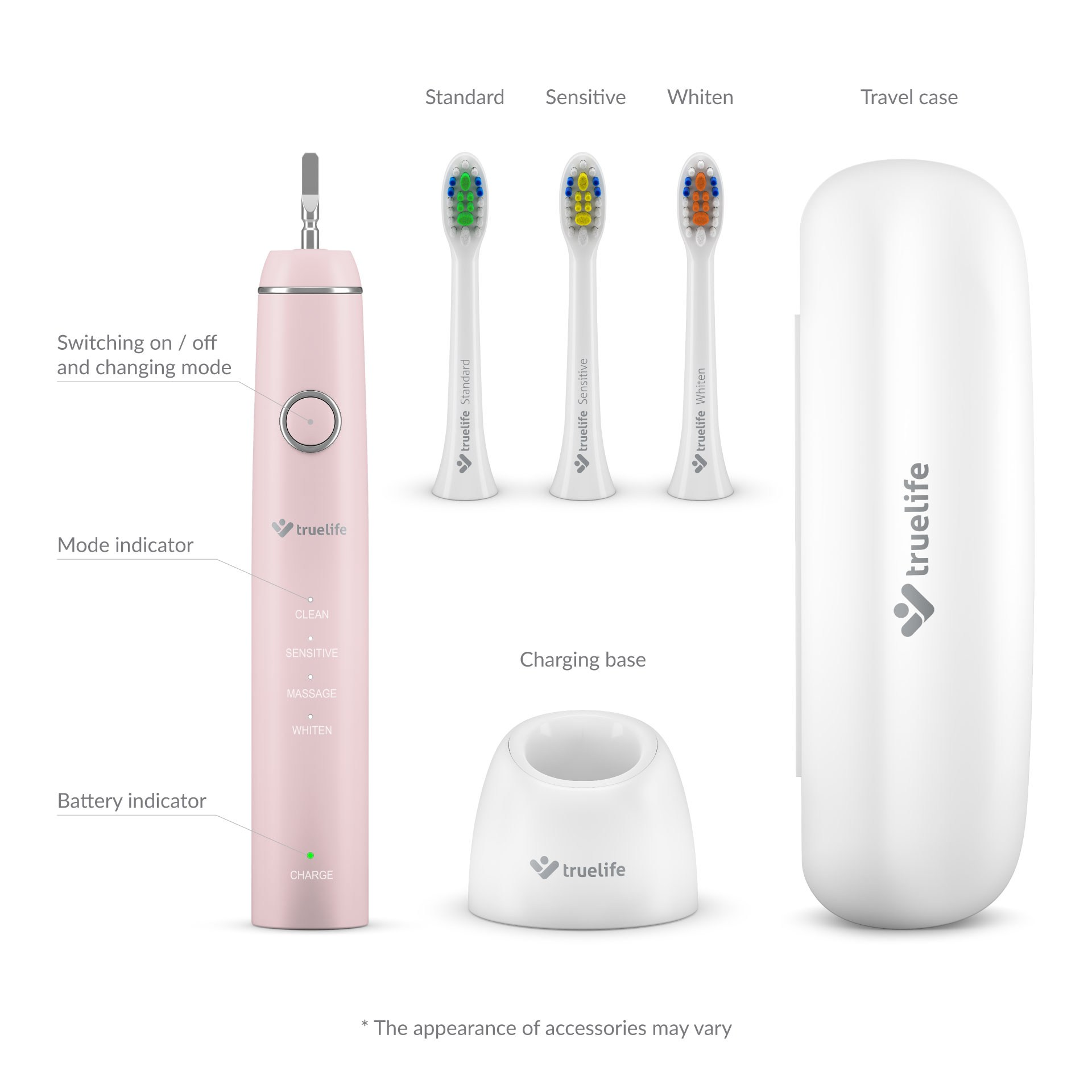 Różowa elektryczna szczoteczka do zębów i akcesoria. Zawiera końcówki, ładowarkę i etui podróżne. Białe tło.