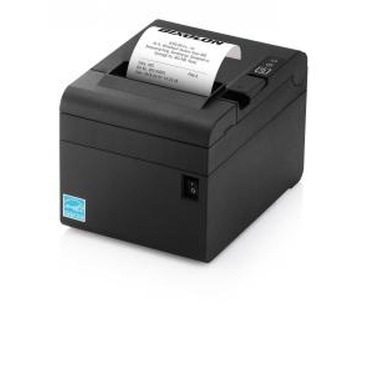 Schwarzer Thermodrucker mit Papierausgabe. Ein Papierbeleg kommt heraus. Das Logo ist sichtbar.